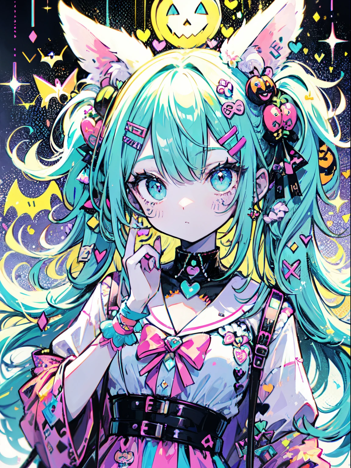 halloween theme, "kawaii, Cute bunny girl, cute pink girl, neon green blue, and a light blue color scheme. She is wearing a Halloween themed costume. Her clothes were fluffy and soft, Comes with hair clips and other decorative accessories. she embodies vitality、Trendy Harajuku fashion style."