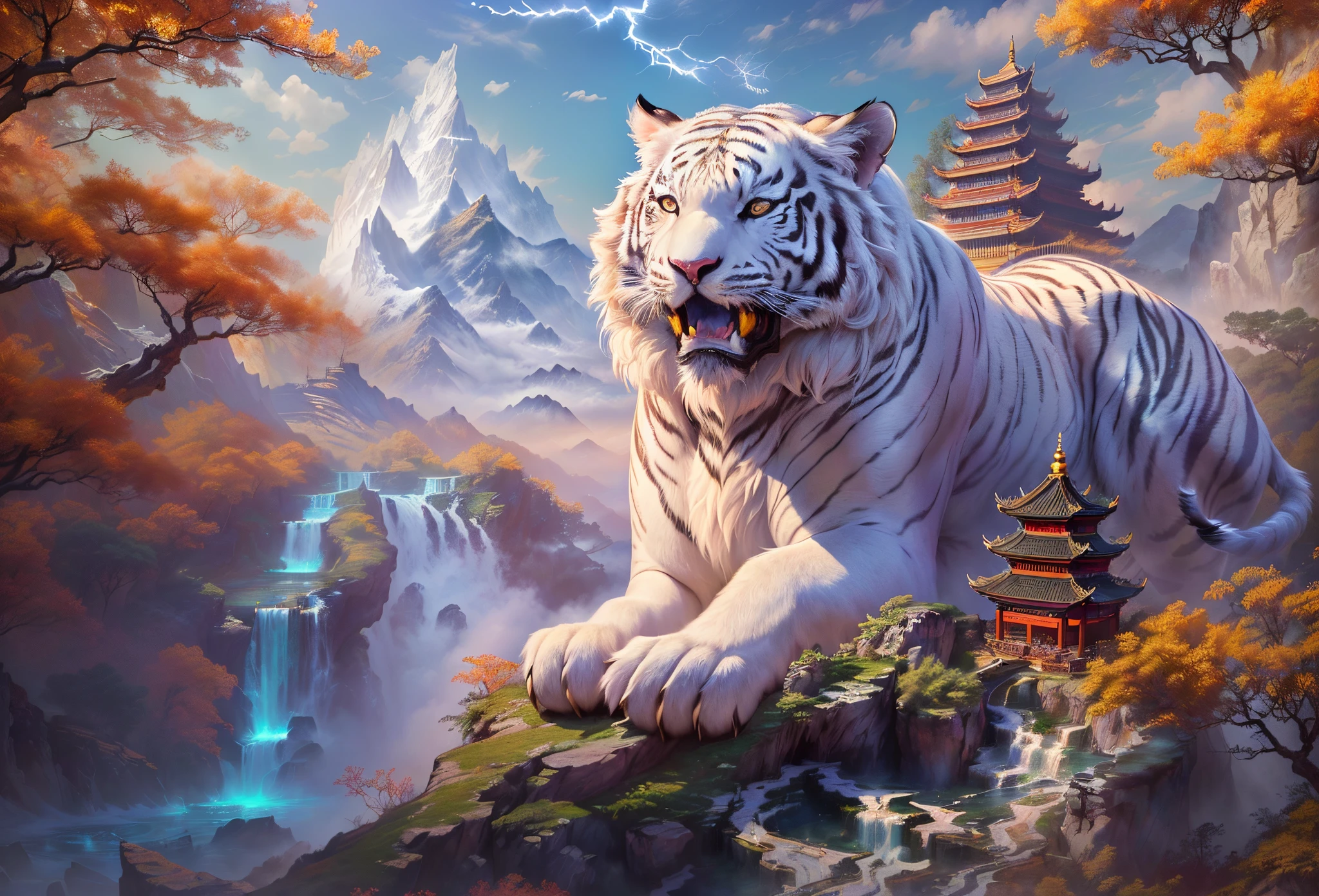 (Best quality at best,tmasterpiece, iintricate,hyper-detailing，Extremely detailed CG unified wallpaper) ,Dahuang Cave Scripture，A mythical beast in Chinese mythology(the white tiger),White tiger resembles a huge white tiger，Huge and powerful。It has a majestic body and sharp claws，The whole body is covered with fur as white as snow，White tigers usually have a pair of short horns on their heads，And both eyes radiate light like lightning，Surrounded by lightning，Surrounded by white clouds，dreamland wonderland、Genting Heavenly Palace，，The mountain is very steep，strange rocks，Fantastical，Ogre、square、Riding，Faraway view，(Best quality at best,tmasterpiece, iintricate,hyper-detailing，RAW photogr,8K，hyper HD,超高分辨率,Realisticstyle,A cinematic scene, Focus sharp,dramatic lights,Extremely detailed CG unified wallpaper，Chinese color，The colors are bright，bright，Traditional Chinese elements，（（Ancient murals）），Illustrative myths，Fuyao Legend，Dappled light，Hazy haze，Mystic aura，tmasterpiece，k hd，plethora of colors，detailed detail，Seven colors)