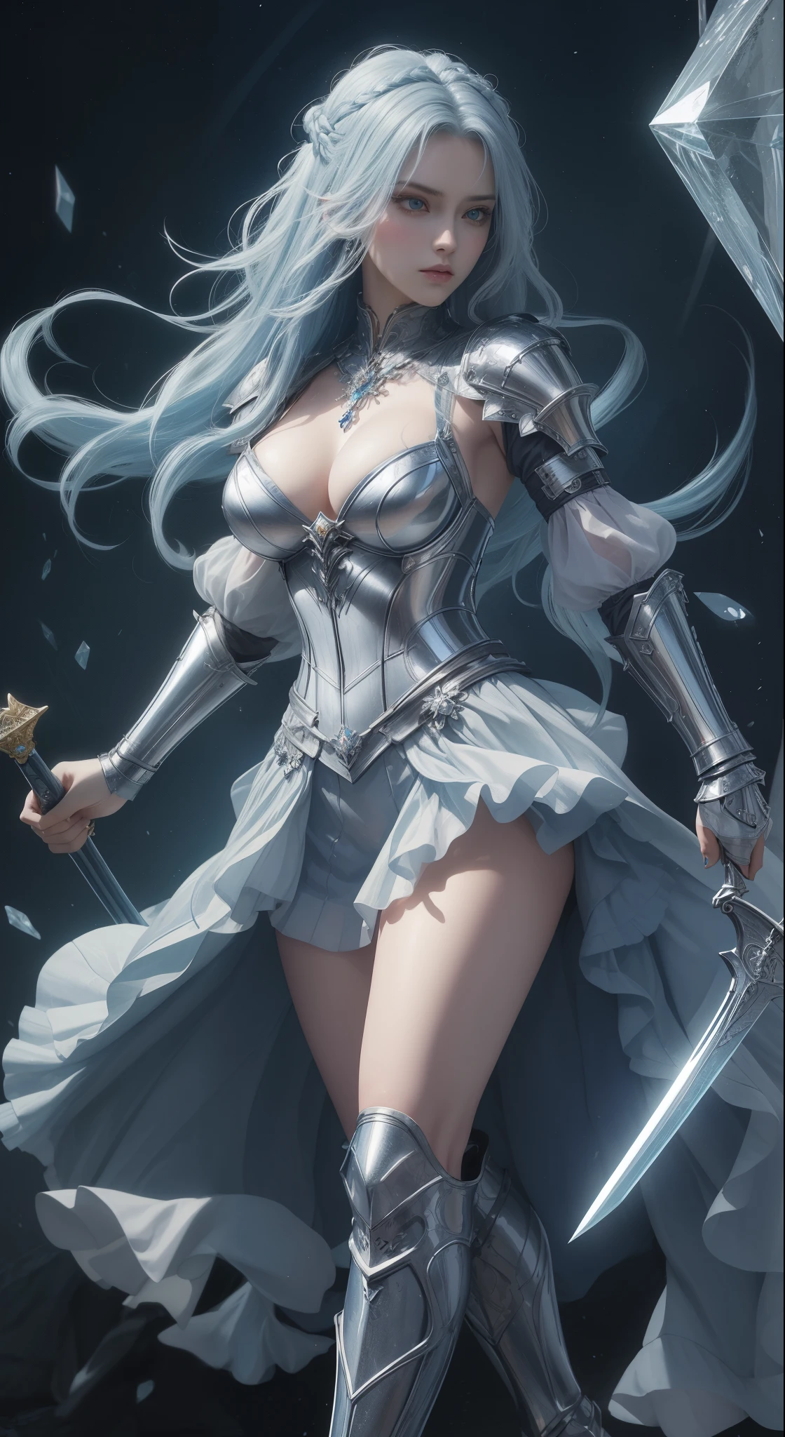 tmasterpiece，Highest image quality，，Beautiful female knight full body portrait，Exquisite blue braid hairstyle，Clear  eyes，The sword，armour，high heels boots，crystal，Ultra-detailed details，advanced。At the Pixiv Art Station，Break your own power，Luigi，Big breasts exposing cleavage，R-18G