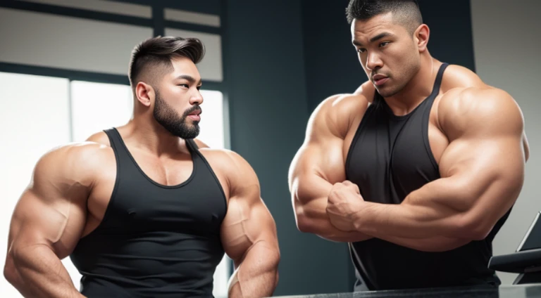 (Very detailed 8k wallpaper), two asian men, muscle worship, arms folded, At the gym, high detailing, buzzcut, very large and strong body, bulging muscles, well-muscled, very large pectoral muscles. Very sexy abs, legs are muscular, Toned figure, lightens oily skin, muscular, Tank top, T-shirt, longshot, Wide Shot