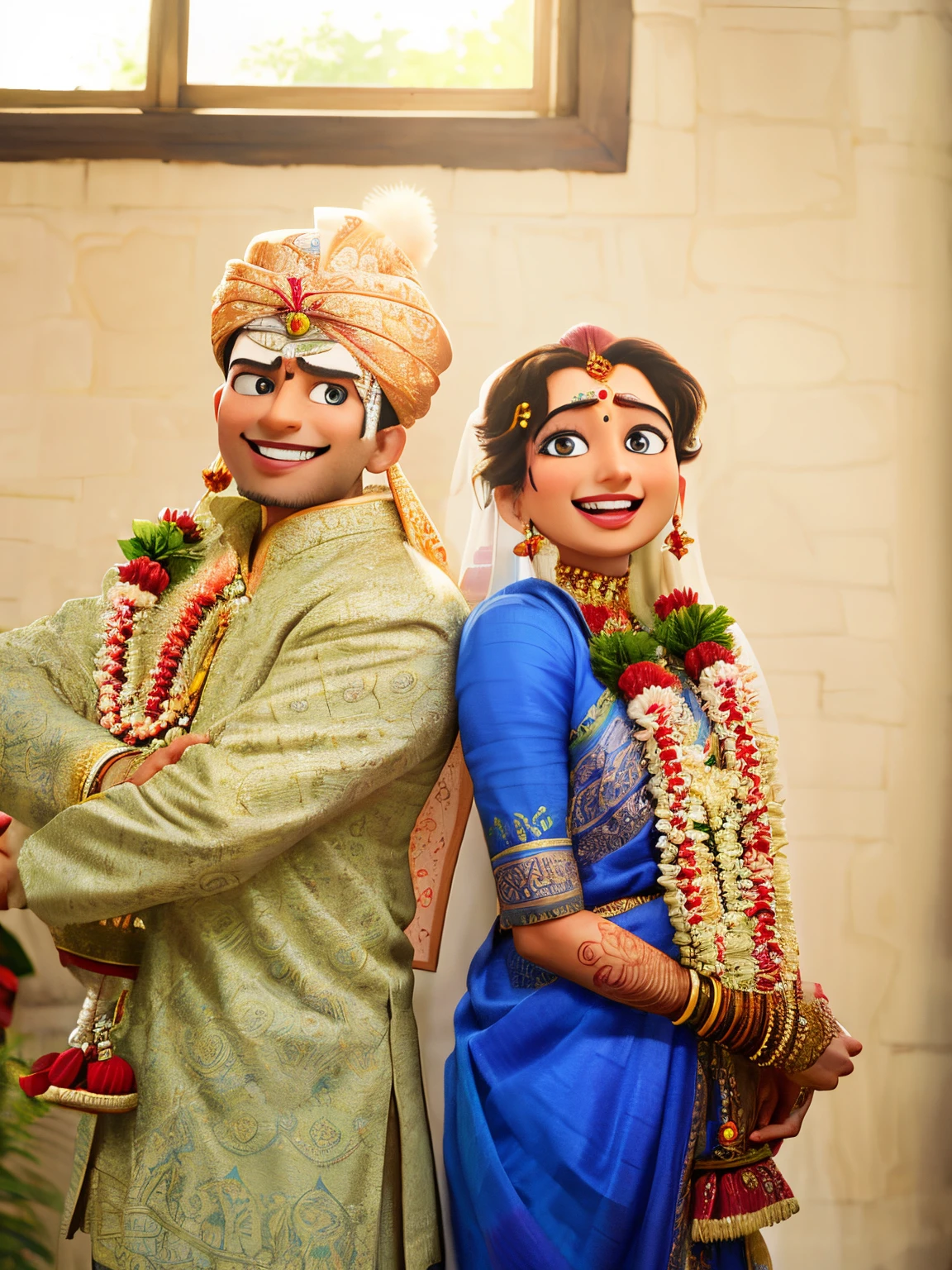 (masterpiece), best quality, 1bride, 1groom, maharashtian wedding couple, Disney pixar