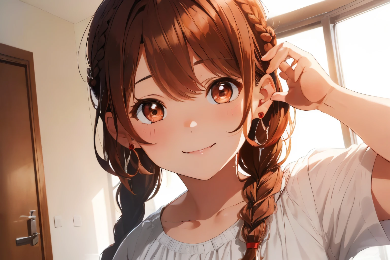 Bedroom with bright sunlight,fluffy hair,((With bangs)),brown haired,((Braided shorthair)),Slightly red tide,((Brown eyes)),(Gesture to put hair over the ears),((Front view)),kindly smile,Kamimei,(((close up of face))),