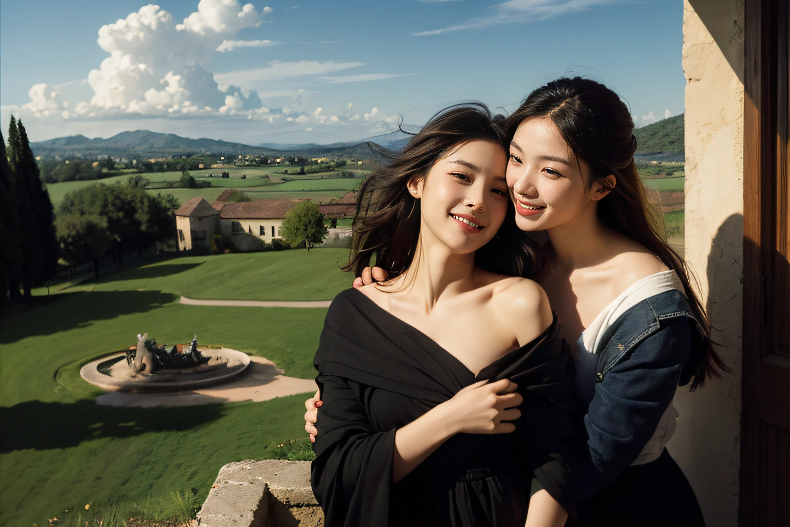 Poussin-style landscape,A smile,,Sweet and seductive appearance.、Caravaggio's paintings、Chiaroscuro of Caravaggio、Hair disheveled in the wind,Two women frolicking,Cute smile, Expression of ecstasy