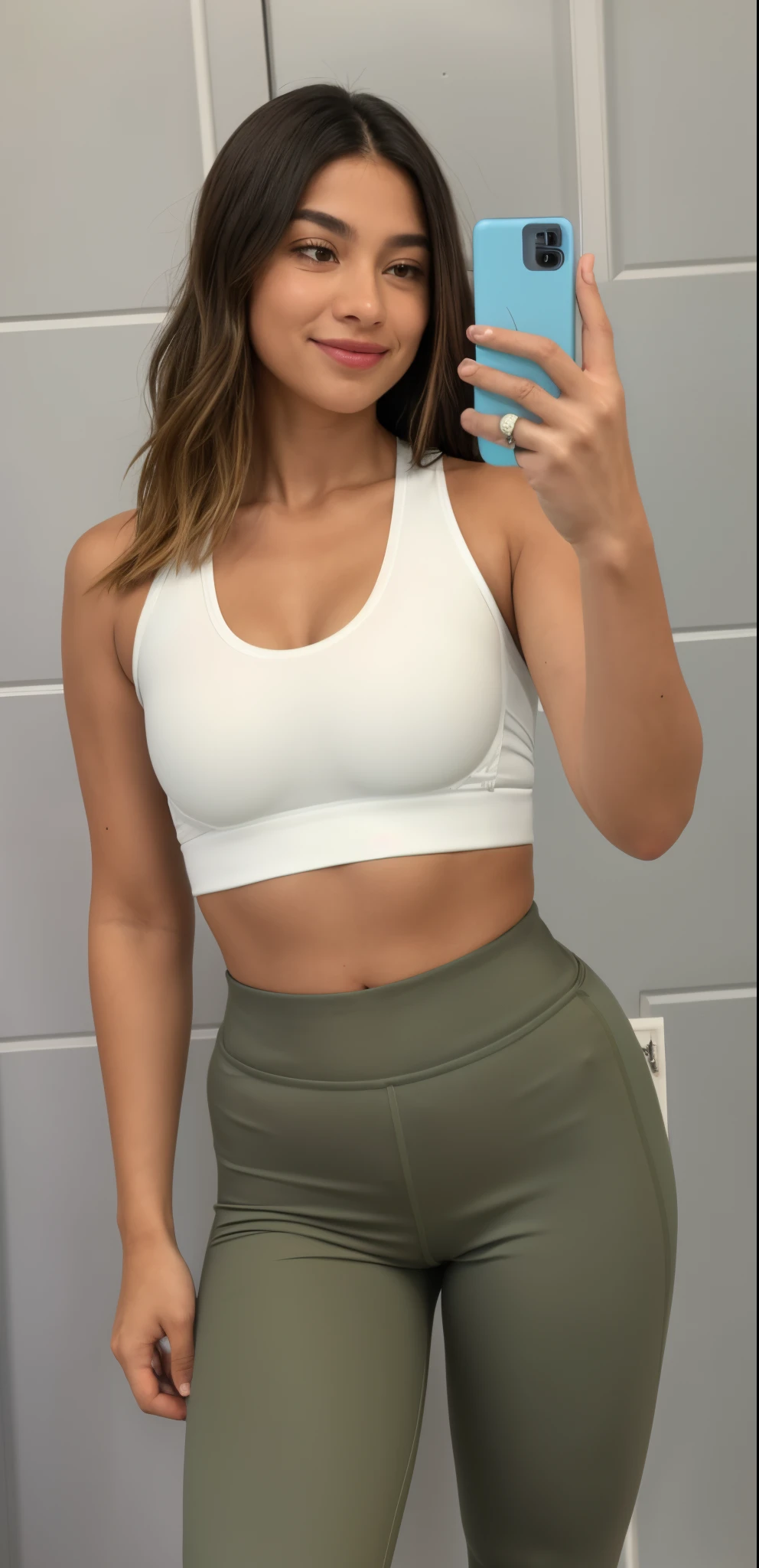 a woman taking a selfie in a white blouse and khaki pants, forma tonificada, two piece workout clothes, em forma, white bra, tampo branco, thicc, Esporte bom, sport bra and shorts, Photo adjustment, topo de corte, Topo de colheita, usando um top cropped sexy, bem tonificado, corpo tonificado, sports bra, Titular Top, brassier, usando topo de corte