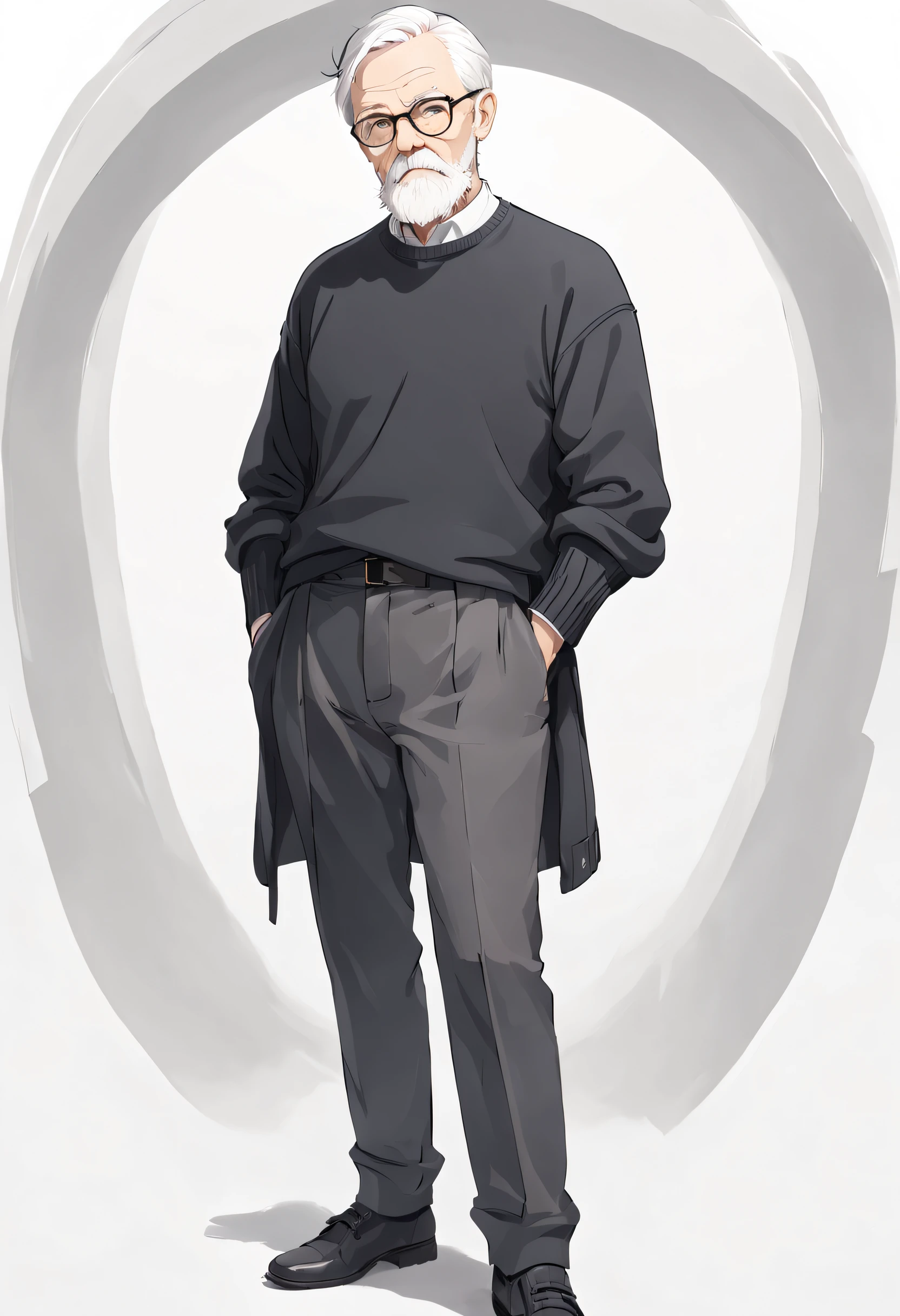 1 Oldman, short white hair, brown eyes, well-defined and slightly arched eyebrows and a grey beard wearing glasses, plain white shirt and black sweater, tailored black pants, full Body display, white background, high res, ultra sharp, 8K, master piece, looking at viewer