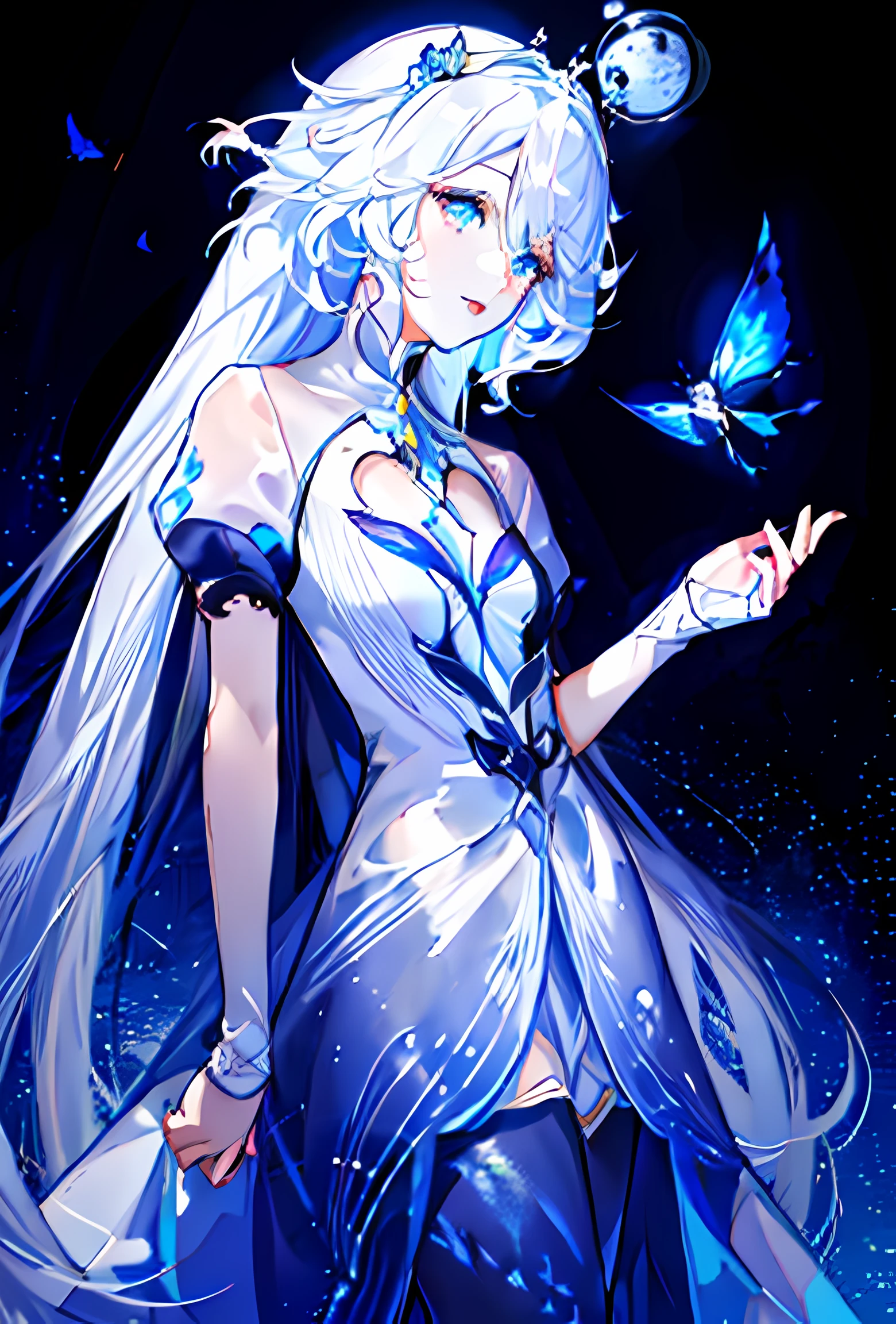 Anime girl with long white hair and blue eyes holding a butterfly, white haired deity, official character art, portrait knights of zodiac girl, beautiful celestial mage, official arts, keqing from genshin impact, from bravely default ii, Moon-themed outfit, detailed fanart, highly detailed exquisite fanart, ((a beautiful fantasy empress)), trending on artstation pixiv