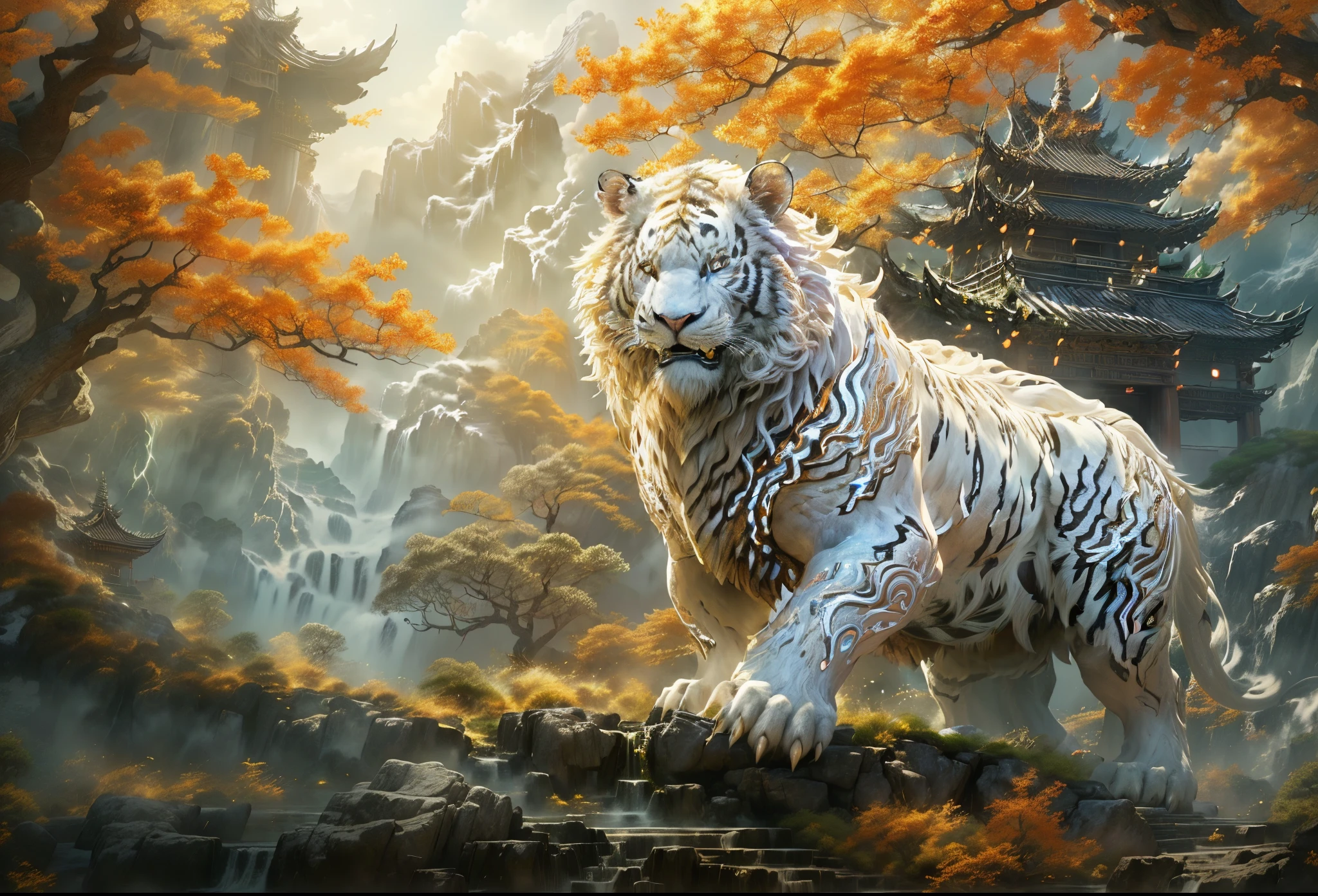 Dahuang Cave Scripture,,A mythical beast in Chinese mythology(the white tiger),white tiger like a huge white tiger,Huge and powerful。It has a majestic body and sharp claws,The whole body is covered with fur as white as snow,White tigers usually have a pair of short horns on their heads,Lightning flashes from eyes,Surrounded by lightning,There are white clouds all around,dreamland wonderland、Genting Heavenly Palace,The mountain is very steep,strange rocks,Fantastical,Ogre、square、Riding,Faraway view,(Best quality at best,tmasterpiece, iintricate,hyper-detailing,RAW photogr,8K,hyper HD,超高分辨率,Realisticstyle,A cinematic scene, Focus sharp,dramatic lights,Extremely detailed CG unified wallpaper,Chinese color,The colors are bright,bright,Traditional Chinese elements,((Ancient murals)),Illustrative myths,Fuyao Legend,Dappled light,Hazy haze,Mystic aura,tmasterpiece,k hd,plethora of colors,detailed detail,Seven colors)