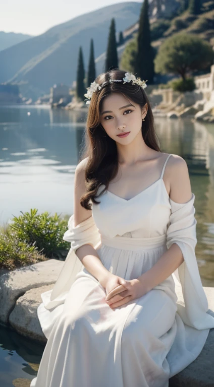 (top-quality、hight resolution、masterpiece)、((Watercolor in Sargent style))、(David Hamilton Style)、(softfocus)、ancient greek scene 、The world of Bilitis songs、(greek female bard)、22year old、美丽的面容、Well-formed eyes and nose、Bewitching smile、Detailed depiction of the face、Classic hairstyles、Beautiful figure、detail portrayal、(ancient greek clothes)、(White tunic)、greek toga、(two womens)、(two women are sitting on a rock in the river)、(Accurate hand and finger depiction)、Cinematic scenes、ciinematic light、softlight、raytrace、luminous sky、greek architecture columns、greek pine、(nostalgia)、classic vibes、Blur the background、