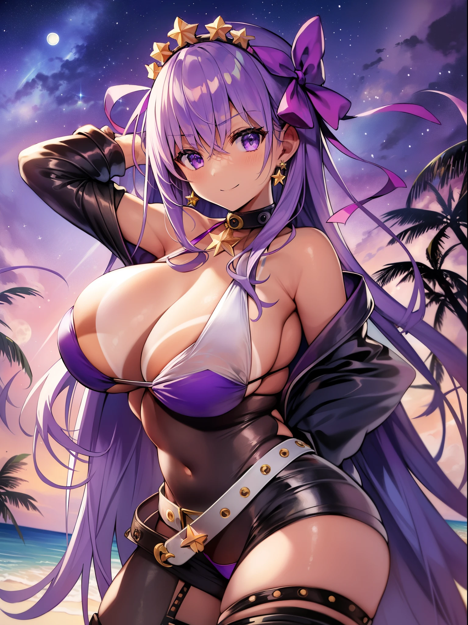 (masterpiece, best quality:1.4), summer bb, fgo, star tiara, tanlines, gyaru, dark-skinned female, solo, smile, purple eyes, long hair, purple hair, purple, nails, pink hair bow, purple bikini, black gloves, black thighhighs, earrings, belt, huge breasts, palm tree, (starry sky, night, beach, moon:1.1)