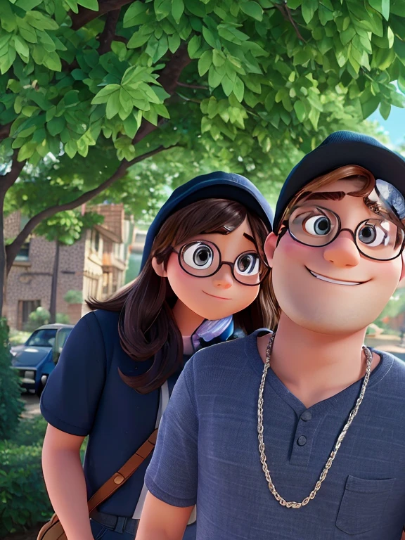 Couple disney pixar. The girl is wearing a glasses and the guy is wearing a backward cap the guy don't have glasses. With the background of the trees in the street. 3d image
