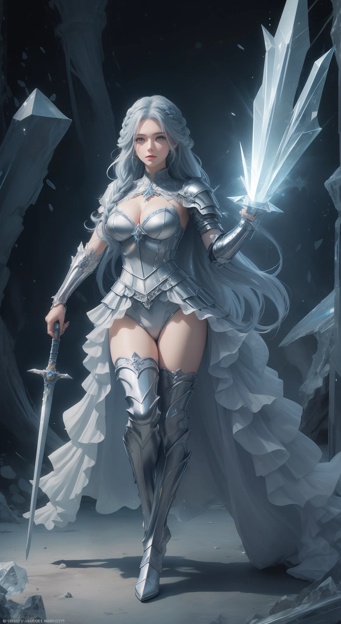 tmasterpiece，Highest image quality，，Beautiful female knight full body portrait，Exquisite blue braid hairstyle，Clear  eyes，The sword，armour，high heels boots，crystal，Ultra-detailed details，advanced。At the Pixiv Art Station，Break your own power，Luigi，Big breasts exposing cleavage，R-18G