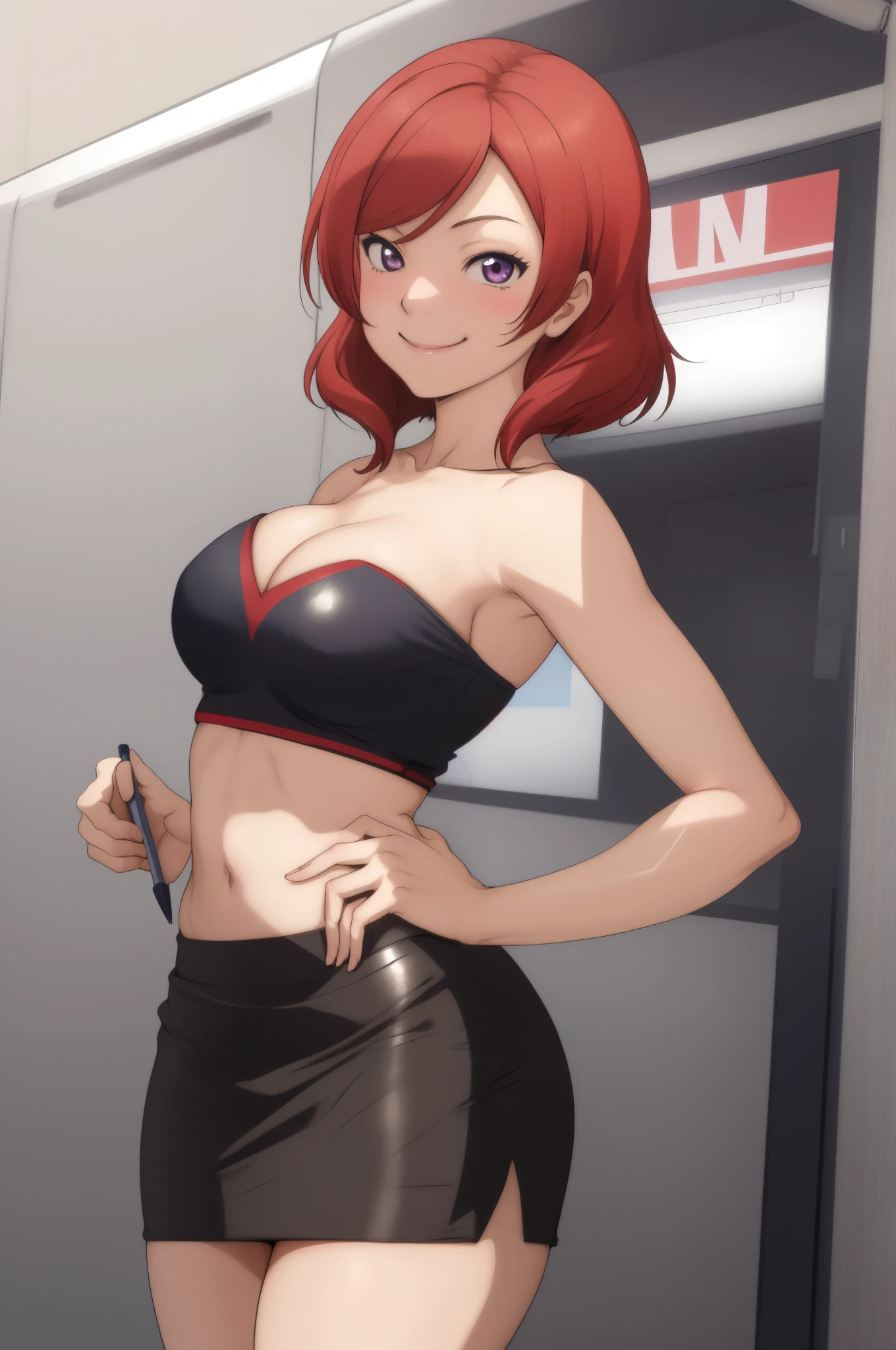 Nishikino maki, smile, cheerleader , strapless,midriff, cowboy shot,big breasts, cleavage, crotch, (very short pencil skirt),side cuts