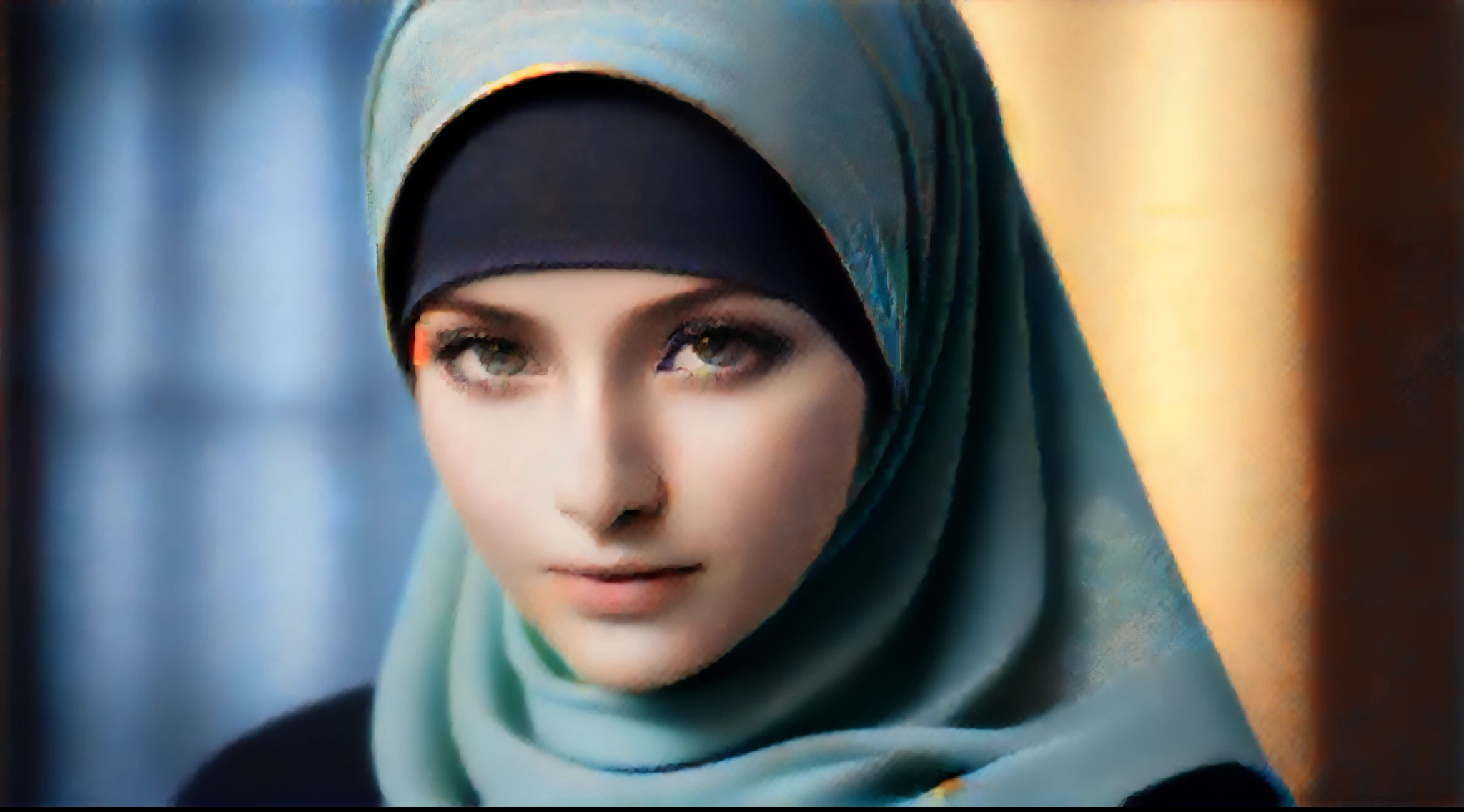 A Very beautiful Woman ensconced in a full hijab, her skin pale as porcelain against the dark folds of the fabric, she is wearing beautiful alluring makeup, flawlessly beautiful face, super clear facial details, beautiful flower trees are around her, falling leaf streaks catching the light, harmonizing with the cool ambiance of the autumn season.