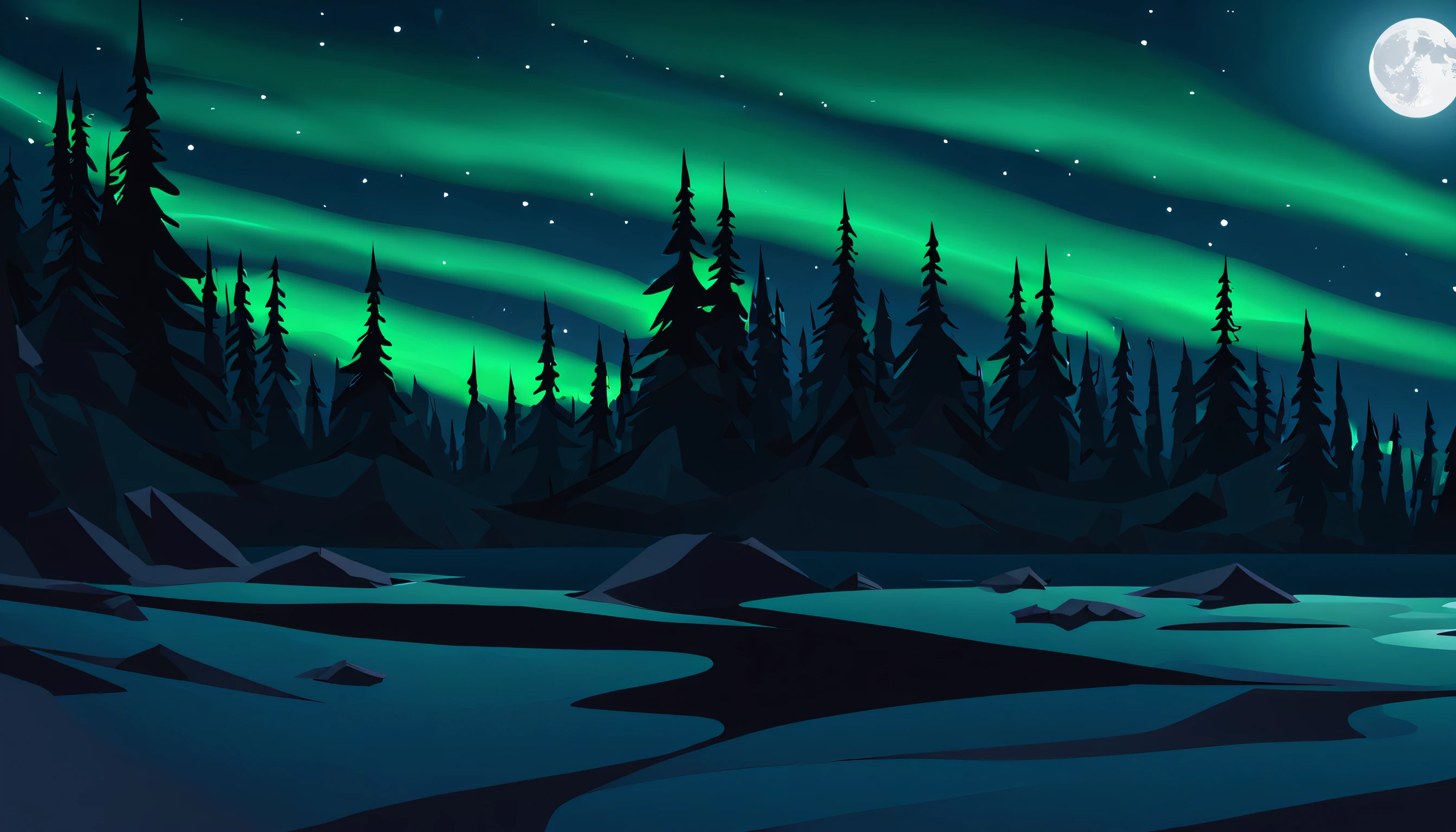 flowing river, aurora in the sky, pine forest, cold air, crescent moon, mystical, 2D, flat, computer wallpaper