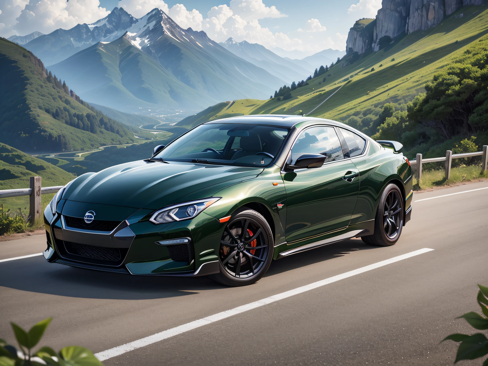 超A high resolution、An ultra-high picture quality、8K、Detailed details、marvelous expression、summer volleyball、beautiful fresh green、A pitch black sports car runs on a mountain road built along the mountain.......、Nissan Gazelle Coupe 2000GTS-R