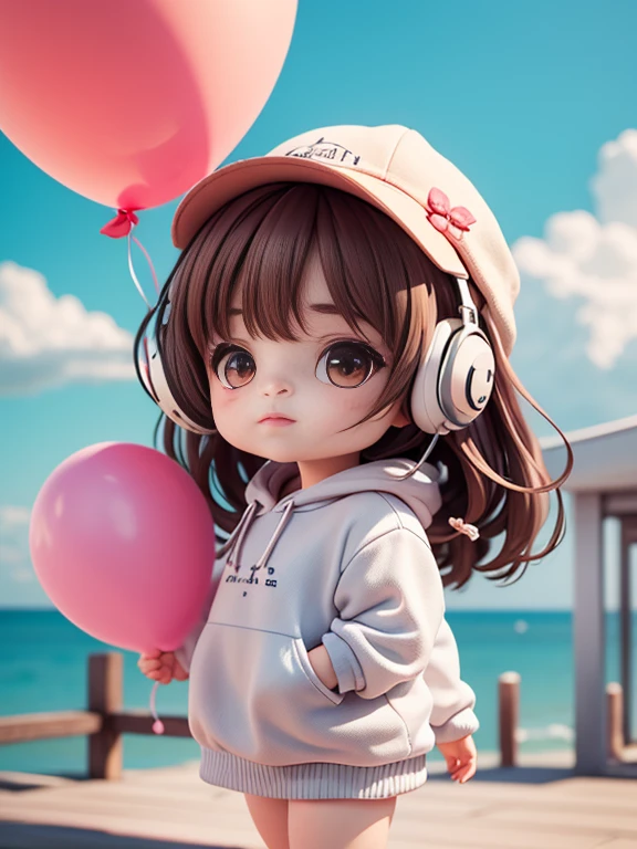 Loli girl, beautiful and cute, squinting eyes, wearing white over-ear headphones, gray hat T, white sweatshirt,
Many colorful buildings, , chibi style, brown hair,
Exquisite face, perfect CG, high-definition quality, colorful balloons, sky, the background is the seaside,