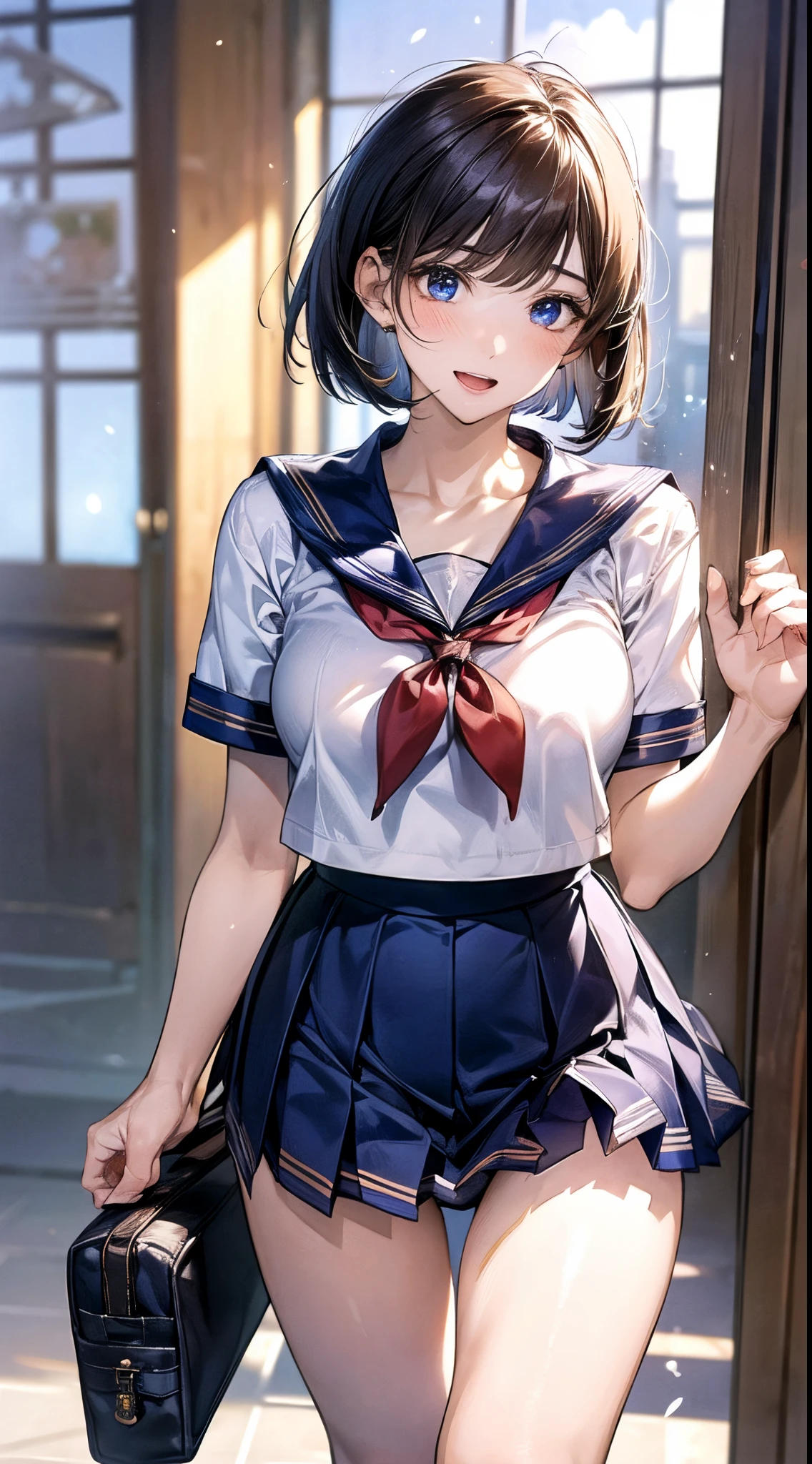 (((perfect anatomy, super detailed skin))), 1 girl, japanese, high school girl, shiny skin, large breasts:0.5, watching the viewer, from behind,
beautiful hair, beautiful face, beautiful detailed eyes, (short hair:1.1, bob cut:1.2), dark blonde hair:1, blue eyes,
beautiful clavicle, beautiful body, beautiful chest, beautiful thighs, beautiful legs, face, mole under eye,
((short sleeves, navy cute sailor suit, navy pleated skirt, navy sailor collar, red sailor scarf, navy socks, brown loafers), school bag, cross necklace), seductive thighs, bottomless,
((ashamed, , , open mouth)), (standing, panty shot, panty pull, undressing panty),
(beautiful scenery), summer, beautiful definition sky, school gate, school,
8k, top quality, masterpiece:1.2, extremely detailed), (, photorealistic), beautiful illustration, cinematic lighting, ,