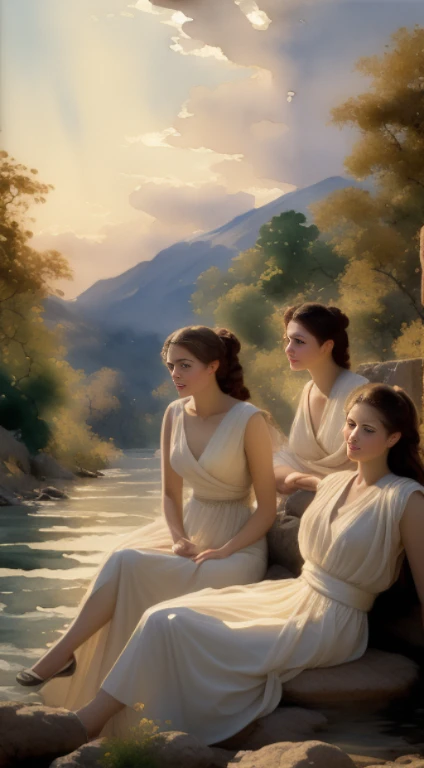 (top-quality、hight resolution、​masterpiece)、((Watercolor in Sargent style))、(David Hamilton Style)、(softfocus)、ancient greek scene 、The world of Bilitis songs、(greek female bard)、22year old、美丽的面容、Well-formed eyes and nose、Bewitching smile、Detailed depiction of the face、Classic hairstyles、Beautiful figure、detail portrayal、(ancient greek clothes)、(White tunic)、greek toga、(two womens)、(two women are sitting on a rock in the river)、(Accurate hand and finger depiction)、Cinematic scenes、ciinematic light、softlight、raytrace、luminous sky、greek architecture columns、greek pine、(nostalgia)、classic vibes、Blur the background、