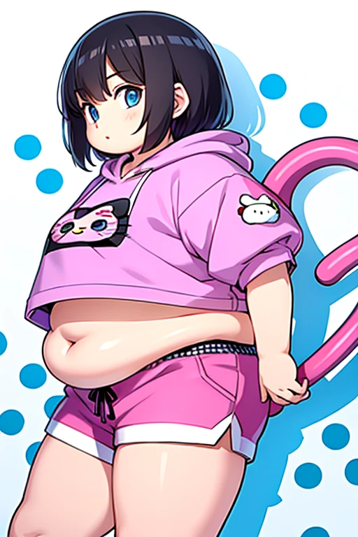 obese , blue eyes, (childsterpiece，Highest Quality），Crop Top Look，Pastel Hoodie，(Gingham check shorts)，hello kitty panties, A dark-haired，World of toys, 4K