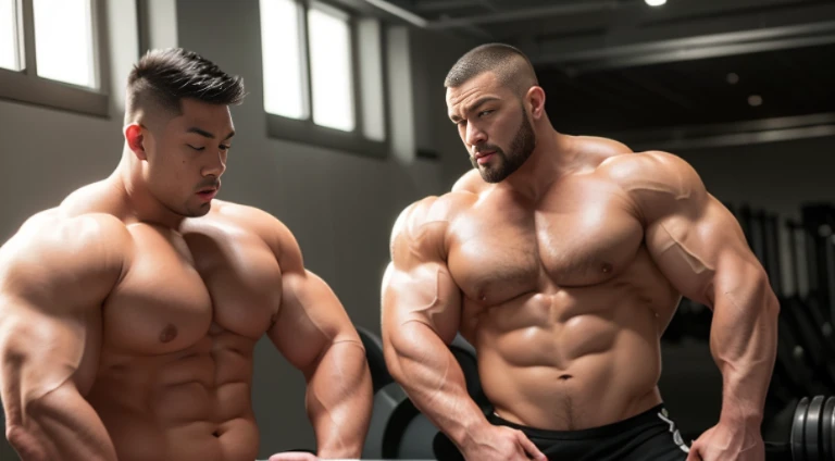(Very detailed 8k wallpaper), two asian men, muscle worship, arms folded, At the gym, high detailing, buzzcut, very large and strong body, bulging muscles, well-muscled, very large pectoral muscles. Very sexy abs, legs are muscular, Toned figure, lightens oily skin, muscular, Tank top, T-shirt, longshot, Wide Shot