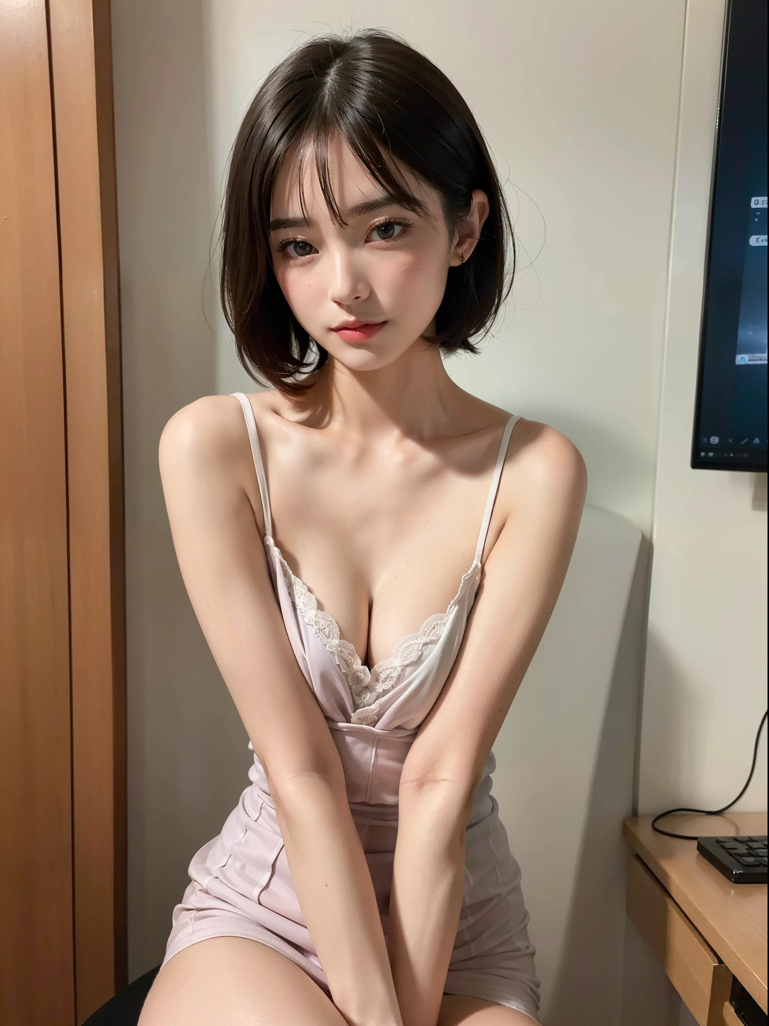 ((of the highest quality, 8K, masutepiece: 1.3, Raw photo)), Sharp Focus: 1.2, (1 AESPA Girl :1.1), Solo, (Realistic, Photorealistic: 1.37), (Face Focus: 1.1), Cute face, hyperdetailed face, (short messy hair: 1.2), Small breasts, flat chest, thigh, nude, office room, chiffon camisole, moon light,