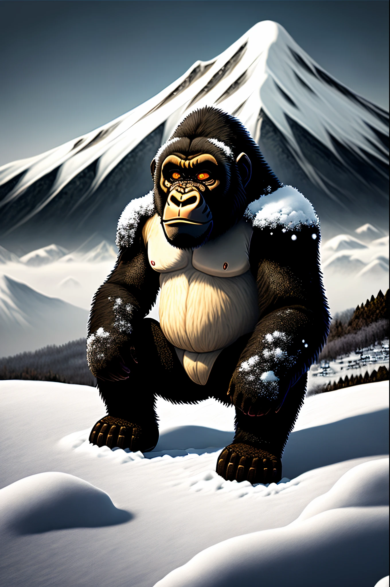I would like you to create a character called Goringo, which is a cross between an apple and a gorilla.。
Only red, white, and black colors can be used.。
I would like you to draw a snowy mountain in the background reminiscent of Nagano, Japan.
