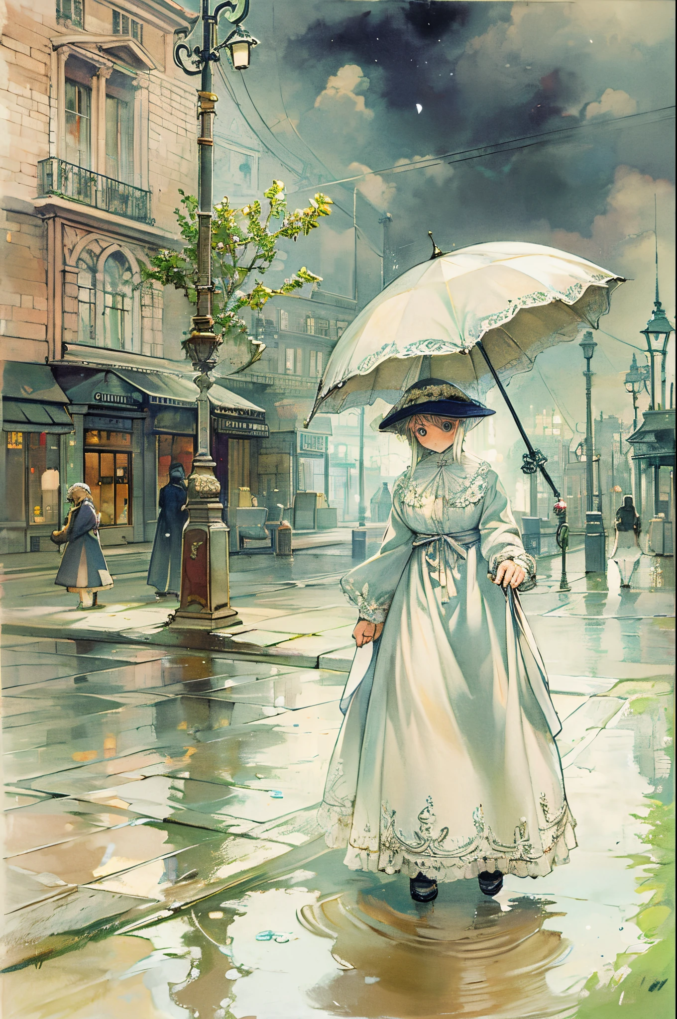 Paris , Storm scene, Edwardian woman in white, aquarelle