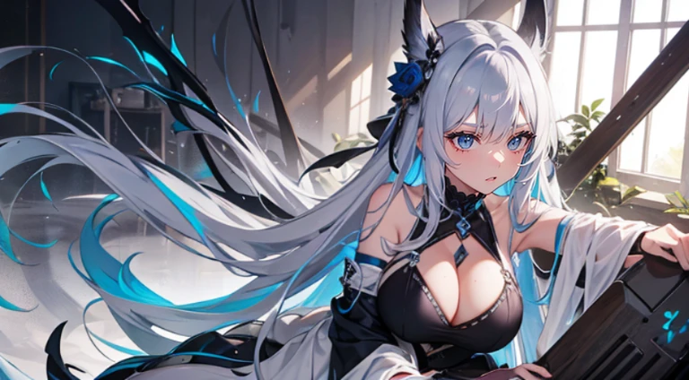 Silver-haired beauty huge tit blue long hair burn scar ash ruins bloods loimu fumo rusty weapon dead body