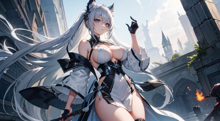 Silver-haired beauty　huge tit　blue long hair　burn scar　ash　ruins　bloods　loimu　fumo　rusty weapon　dead body