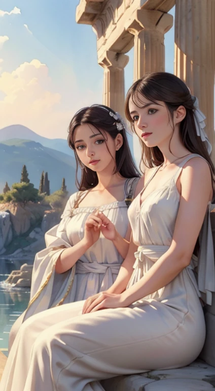 (top-quality、hight resolution、masterpiece)、((Watercolor in Sargent style))、(David Hamilton Style)、(softfocus)、ancient greek scene 、The world of Bilitis songs、(greek female bard)、22year old、美丽的面容、Well-formed eyes and nose、Bewitching smile、Detailed depiction of the face、Classic hairstyles、Beautiful figure、detail portrayal、(ancient greek clothes)、(White tunic)、greek toga、(two womens)、(two women are sitting on a rock in the river)、(Accurate hand and finger depiction)、Cinematic scenes、ciinematic light、softlight、raytrace、luminous sky、greek architecture columns、greek pine、(nostalgia)、classic vibes、Blur the background、