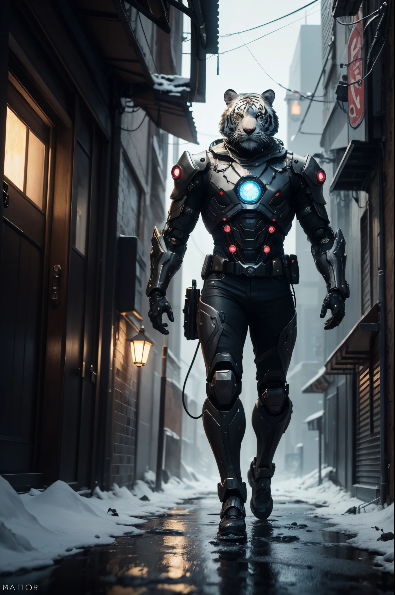masterpiece, award winning CGI, highly detailed, centered, (robotic white tiger:1.3), Mech4nim4lAI, robotic flesh, cyberpunk theme, sci-fi, cyberpunk street city background, night, rain, neon light, volumetric lighting, global illumination, bokeh, (epic composition, epic proportion), HD