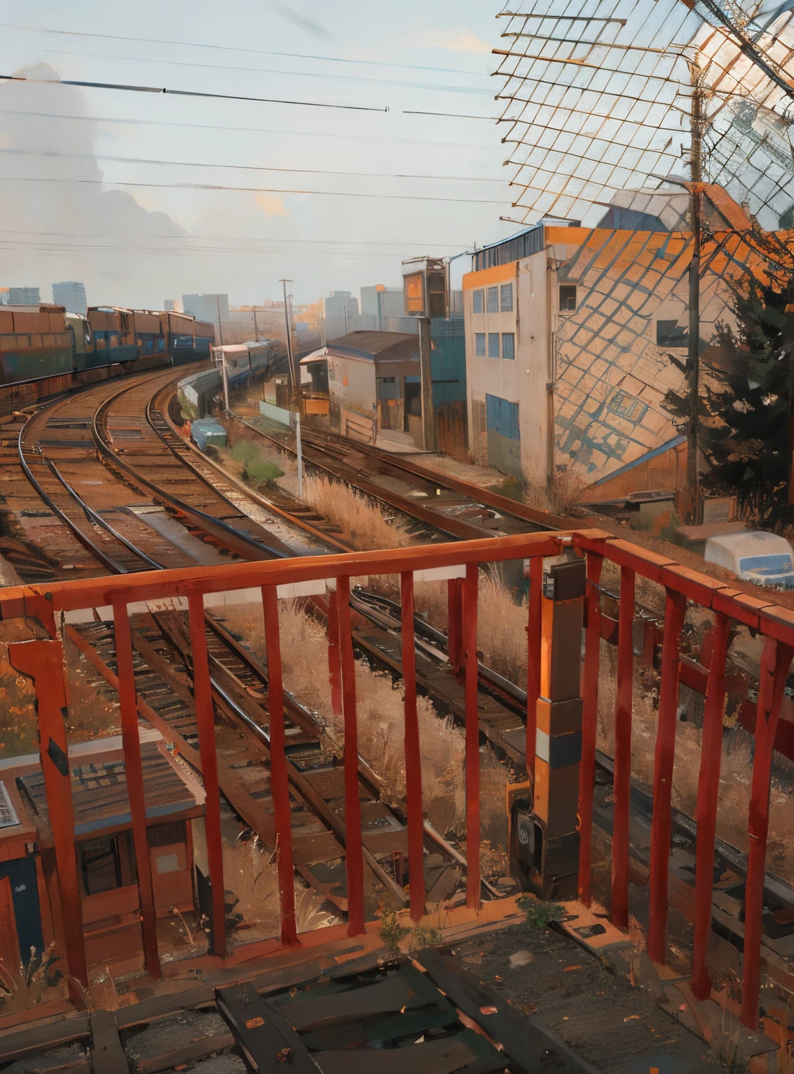 Train tracks can be seen from the balcony, yard, trains in the background, platforms, urban view in the distance, orange line, trains, rails, The photo shows a large, railroad tracks, Look out to the horizon, stop, pov photo, Train station, from the distance, around the city, railway, overpass, far away from camera