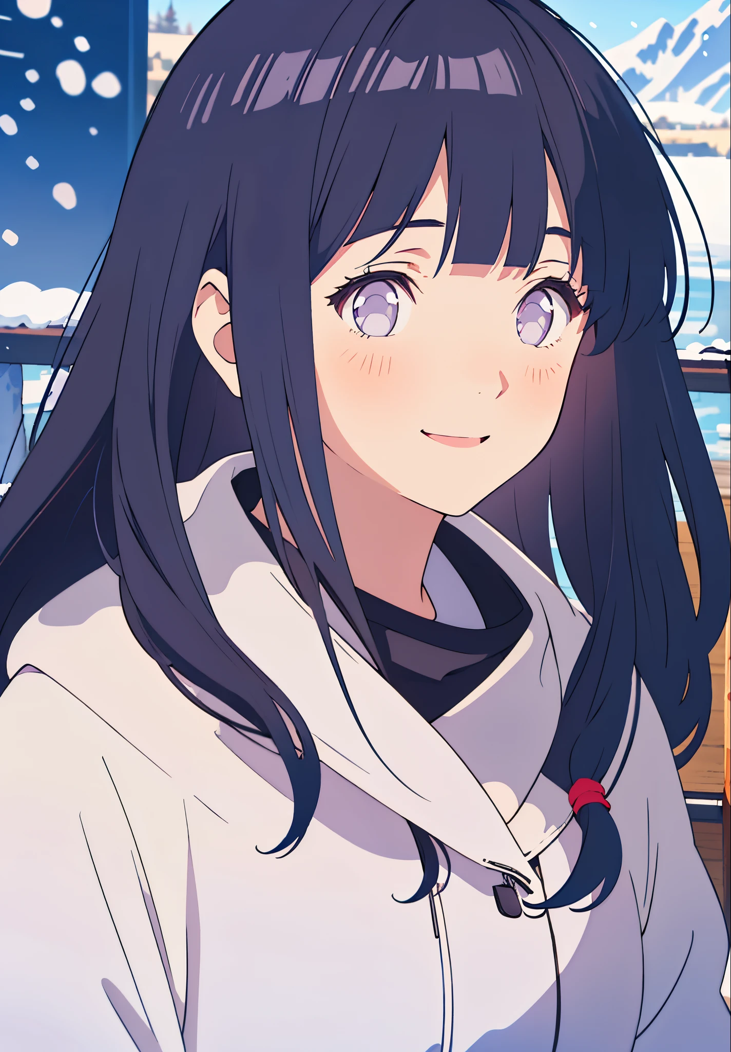 TMND-Mix_II, dreamy, long hair, dark blue hair, purple eyes, detailed winter suit, detailed scenery, winter, snow, frozen lake, wear red scarft, hinata hyuga, blunt bangs, smile, falling snow