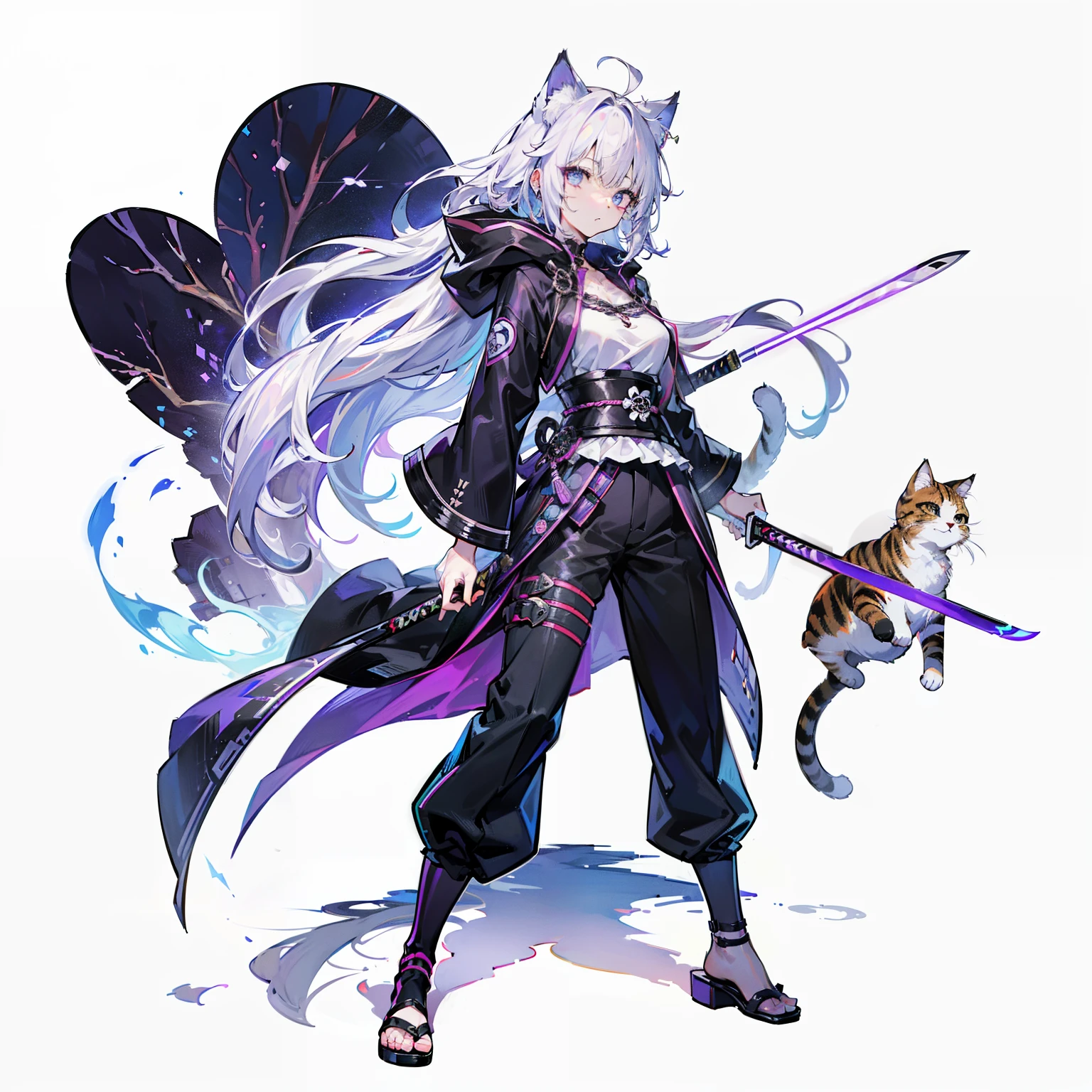 1个Giant Breast Girl，独奏，(loli picture)，（（（white color hair））），（flatchest），Delicate face and beautiful eyes，Delicate hair，A particularly long strand of side hair)，(Cat Ear Hood)，One eye is covered by a hood，围巾，(White background 1：：5)，standing painting style，((Full body lesbian))，（A detailed eye），Leg straps，Purple and black cyberpunk jacket，long trousers，Samurai sword，Lightning background