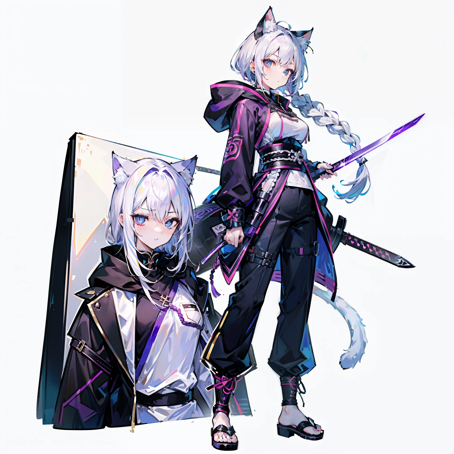 1个Giant Breast Girl,独奏,(loli picture),(((white color hair))),(flatchest),Delicate face and beautiful eyes,Delicate hair,A particularly long strand of side hair),(Cat Ear Hood),One eye is covered by a hood,围巾,(White background 1::5),standing painting style,((Full body lesbian)),(A detailed eye),Leg straps,Purple and black cyberpunk jacket,long trousers,Samurai sword,Lightning background