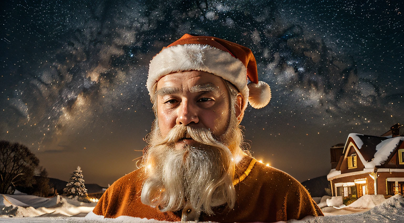 create a graphic, where there is Santa Claus flying over the world and the starry sky, Very strong colors such as red, gold, yellow and orange, blue