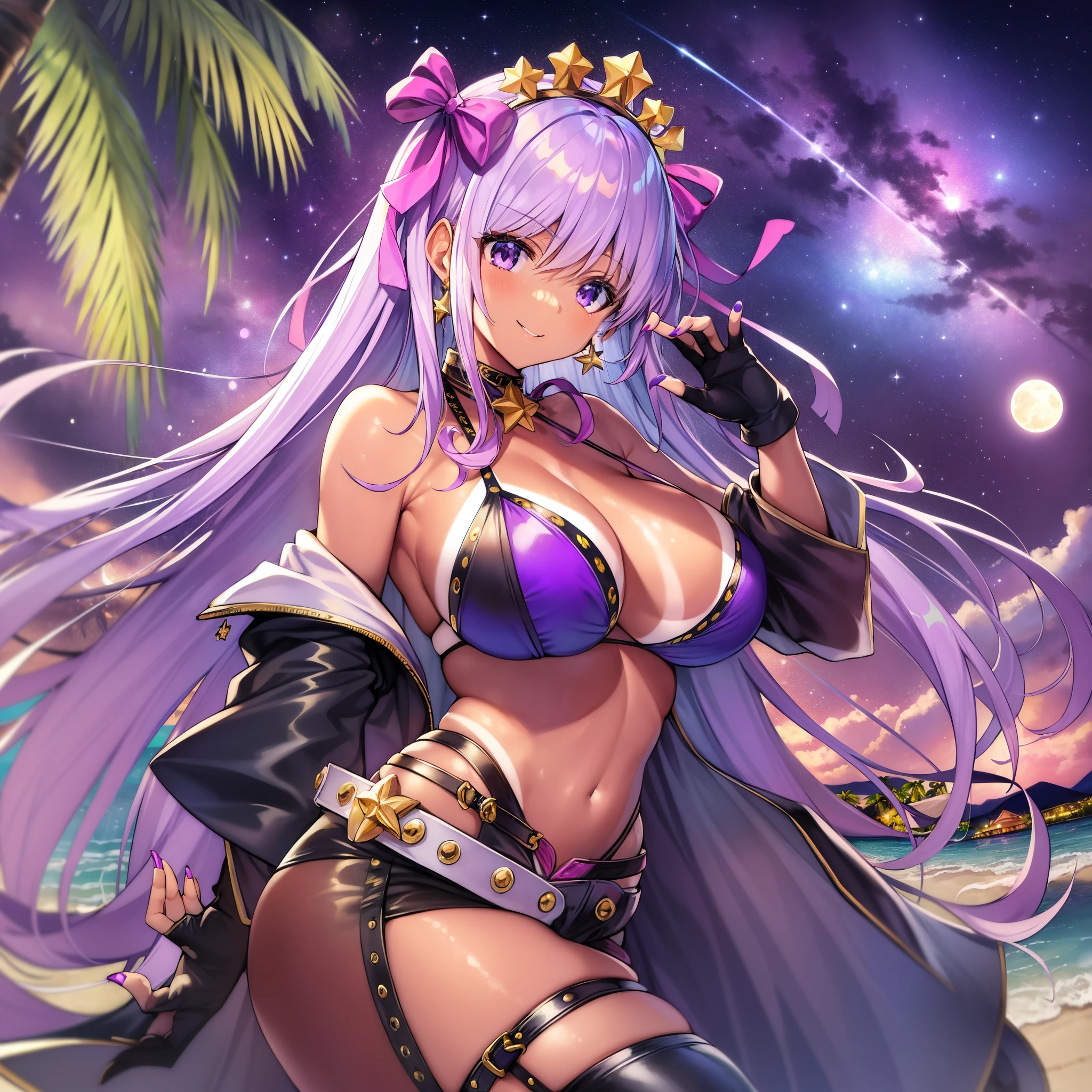 (masterpiece, best quality:1.4), summer bb, fgo, star tiara, tanlines, gyaru, dark-skinned female, solo, smile, purple eyes, long hair, purple hair, purple, nails, pink hair bow, purple bikini, black gloves, black thighhighs, earrings, belt, huge breasts, palm tree, (starry sky, night, beach, moon:1.1)