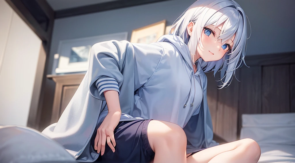 mid-shot, Look at viewers, hands behind back, girl with, 20 years old, Very short hair, long bangs between eyes, hair over shoulder, Grey Hair, Floating hair, ^ ^, pale blue eyes, Short dress, Hoodie, Skirt, ???? shoulder, White clothes, , Extremely detailed,(​masterpiece、top-quality)、独奏、1womanl、White hair、the tips of the hair are blue、Blue eyes、A smile、White skin as clear as snow、Small ???????, Silver hair, Blue eyes, Beautiful eyes, Teen Girl, ???????, charmed, be smitten with audience, Hoodie, Hoodie with open front, Shoulder out,on the beds,inside in room,laying on back,open open mouth,look down from above
