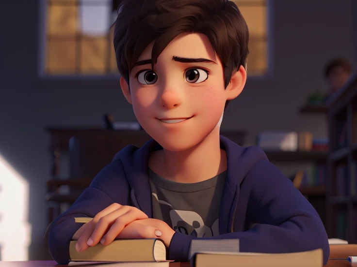A boy sitting in a classroom with his hands crossed on the table