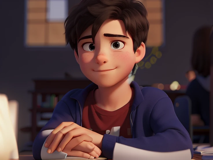 A boy sitting in a classroom with his hands crossed on the table