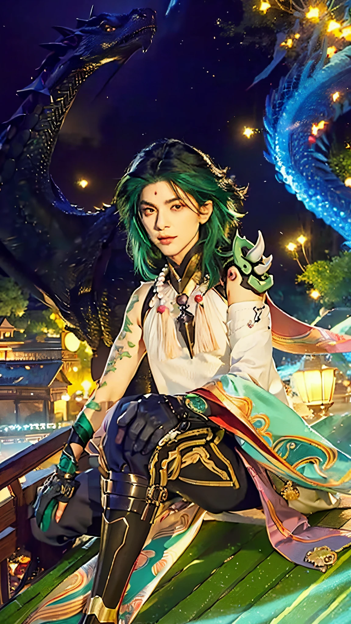 A man with long black hair sits on a roof with a dragon.., genshin impact character, man with realistic short thick green hair, exactly the same hairstyle, realistic beautiful face, realistic expression serious face, adapt the same clothes, realistic black suit, Realistic light, realistic shadows, Realistic ultra high resolution background.photo-realistic:1.4,UHD. Realistic,High resolution without, Masterpiece, Best Quality, Ultra-detailed, better shadow, voluminous lighting), Super High Quality, High Resolution, 8K, Hyper-realistic portrait , photorealestic, dinamic lighting, voluminous lighting, Very Detailed Faces