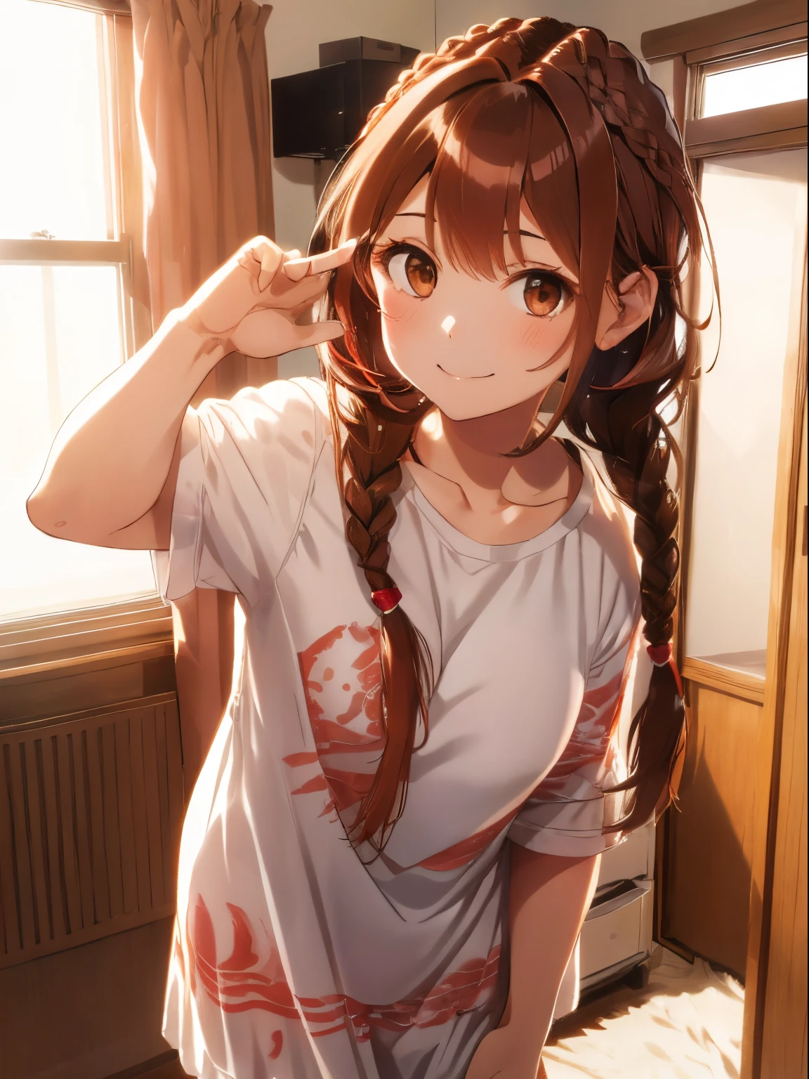 Bedroom with bright sunlight,fluffy hair,((With bangs)),brown haired,((Braided shorthair)),Slightly red tide,((Brown eyes)),(Gesture to put hair over the ears),((Front view)),kindly smile,Kamimei,
