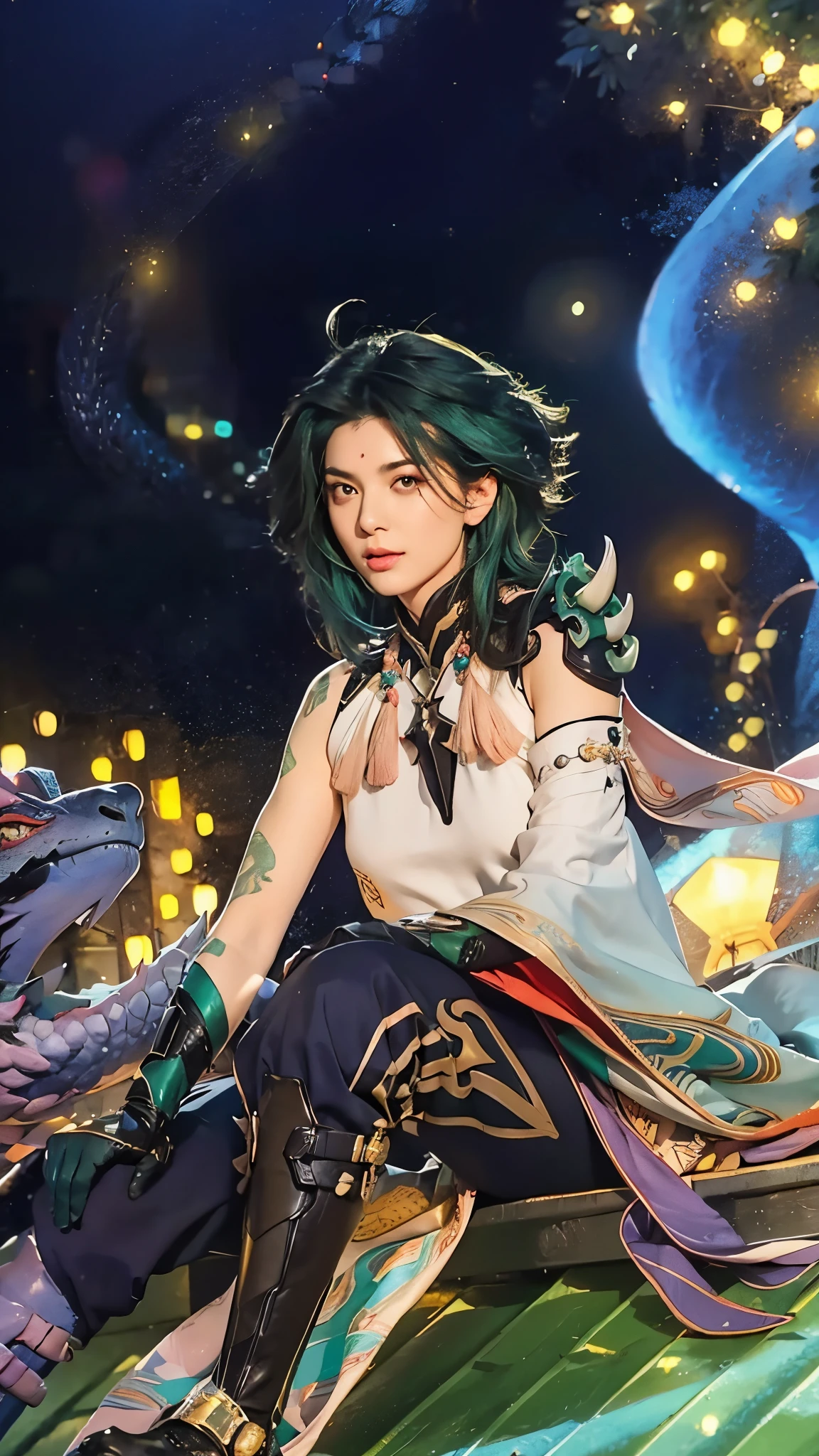 A man with long black hair sits on a roof with a dragon., genshin impact character, man with realistic short thick green hair, exactly the same hairstyle, realistic beautiful face, realistic expression serious face, adapt the same clothes, realistic black suit, Realistic light, realistic shadows, Realistic ultra high resolution background.photo-realistic:1.4,UHD. Realistic,High resolution without, Masterpiece, Best Quality, Ultra-detailed, better shadow, voluminous lighting), Super High Quality, High Resolution, 8K, Hyper-realistic portrait , photorealestic, dinamic lighting, voluminous lighting, Very Detailed Faces