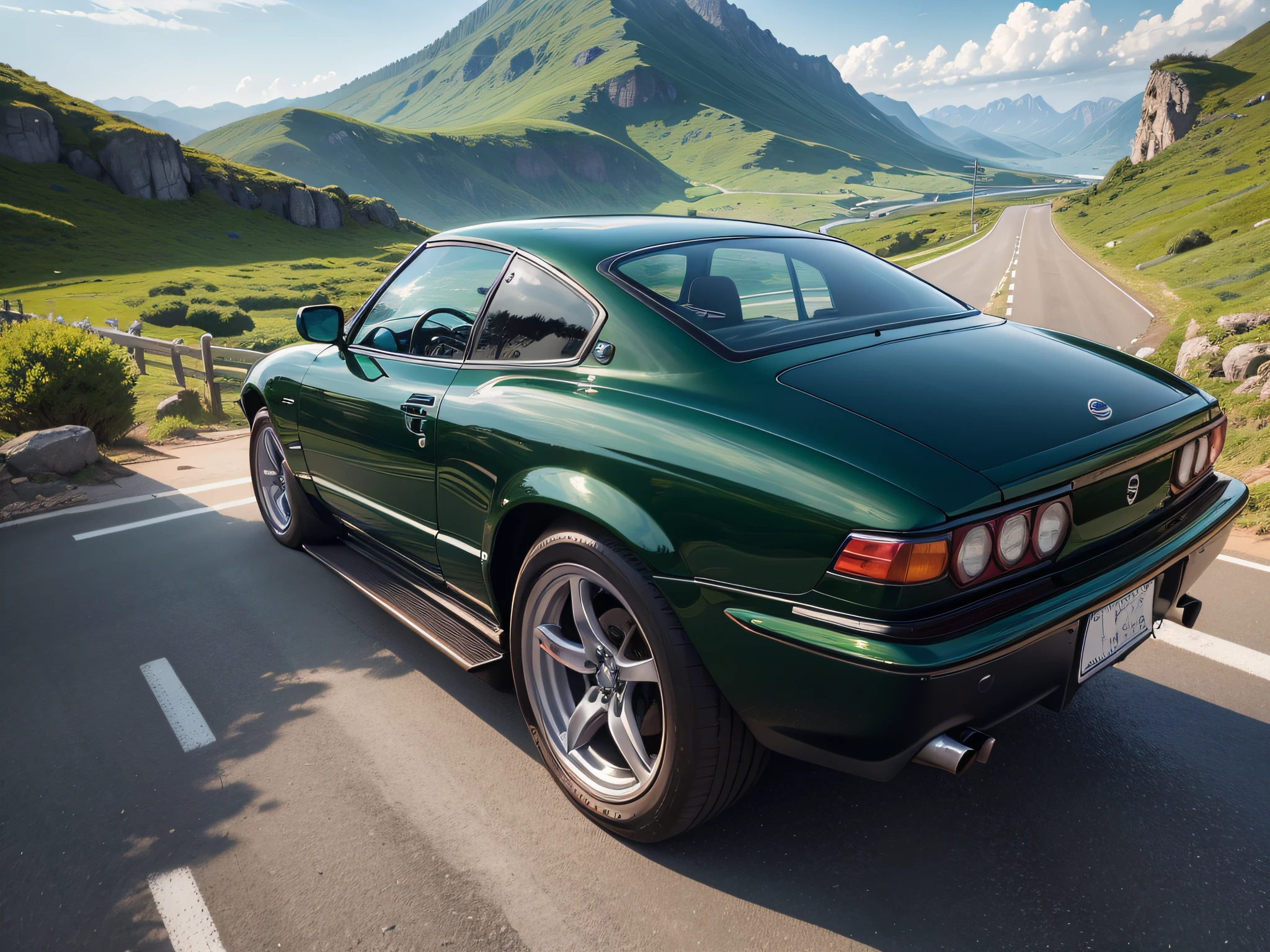 超A high resolution、An ultra-high picture quality、8K、Detailed details、marvelous expression、summer volleyball、beautiful fresh green、A pitch black sports car runs on a mountain road built along the mountain.......、Nissan Gazelle Coupe 2000GTS-R