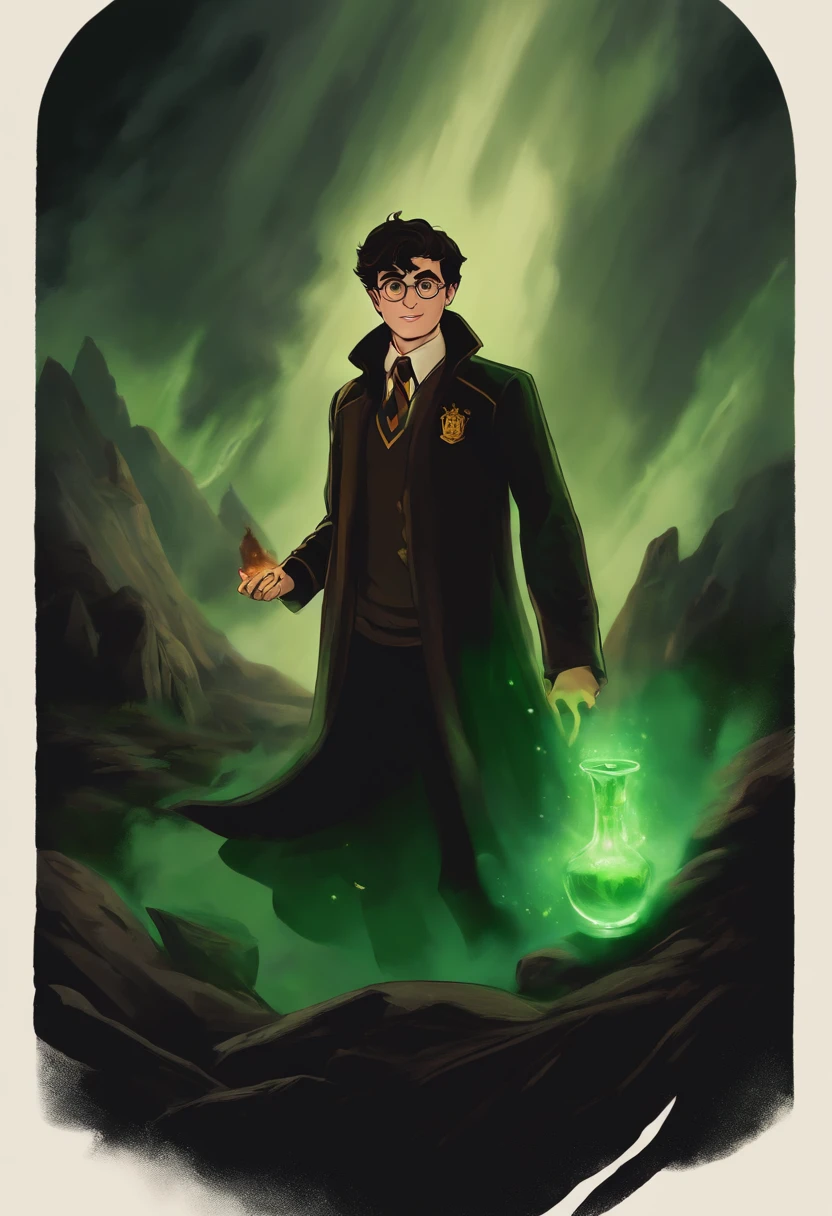 A sinister-looking black cauldron bubbling with dark, potent potions, emitting an eerie green glow.,Harry Potter series,Tom is a tall young male, pale, short black hair, brown eyes, gaunt features, famously portrayed by christian coulson, male