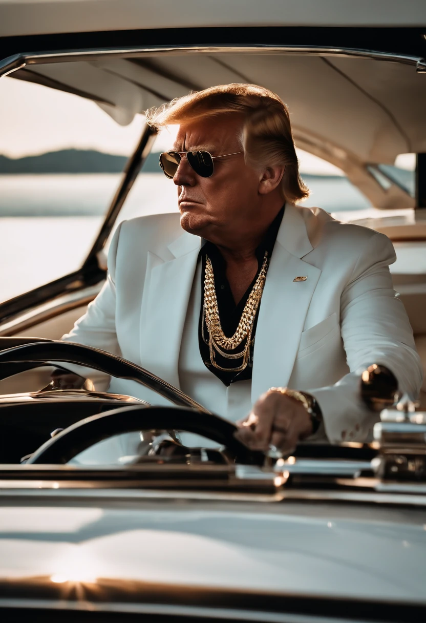 A photo of the user at the controls of a luxury yacht,original,Donald Trump is looking crazy good, handsome ass bro, always in a black car. Has drip. Diamond chains. Gold crown., male