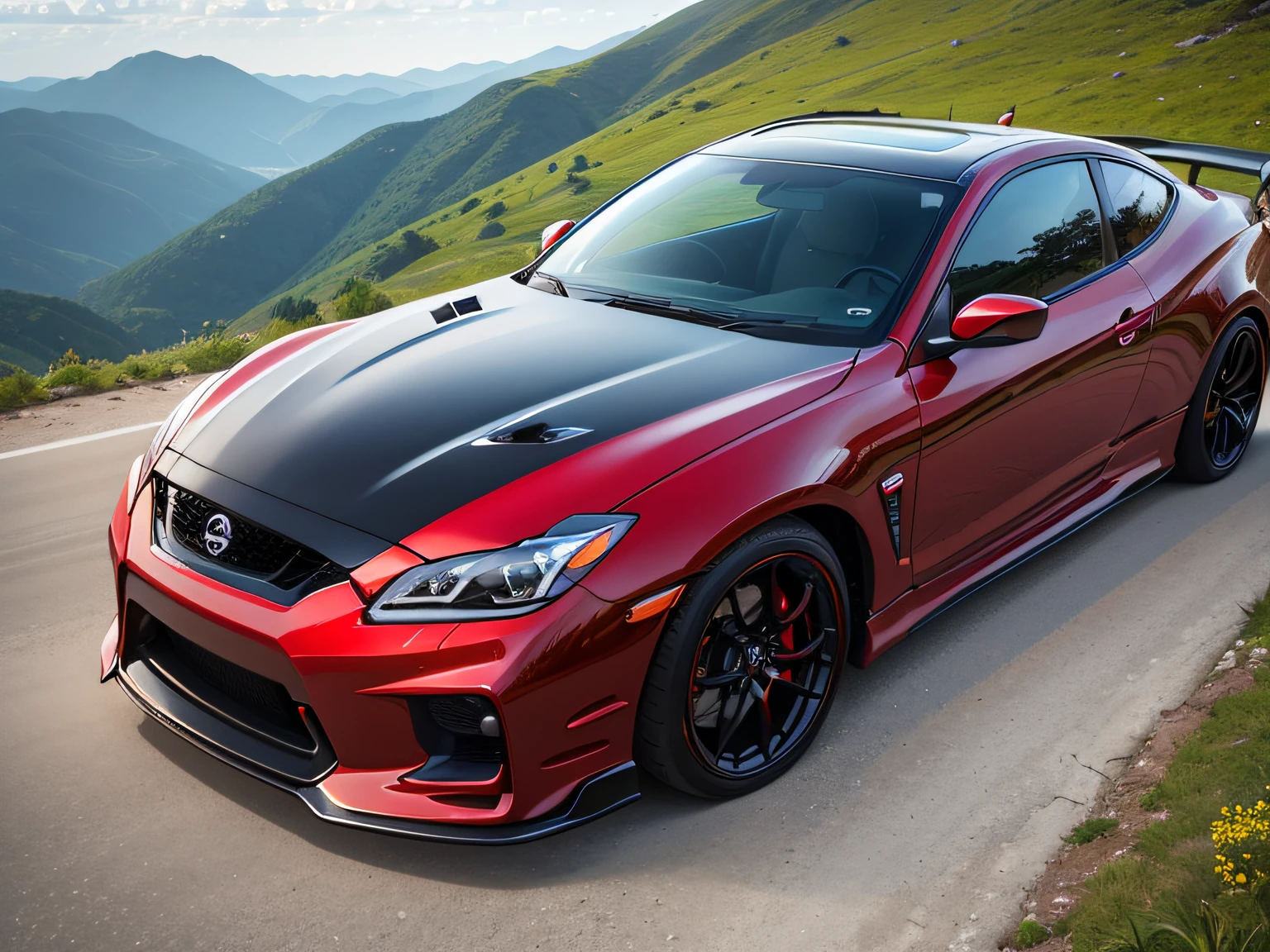 超A high resolution、An ultra-high picture quality、8K、Detailed details、marvelous expression、summer volleyball、beautiful fresh green、A bright red sports car is parked on a mountain road built along the mountain....、With beautiful women.....、Nissan SR311 Sports Coupe