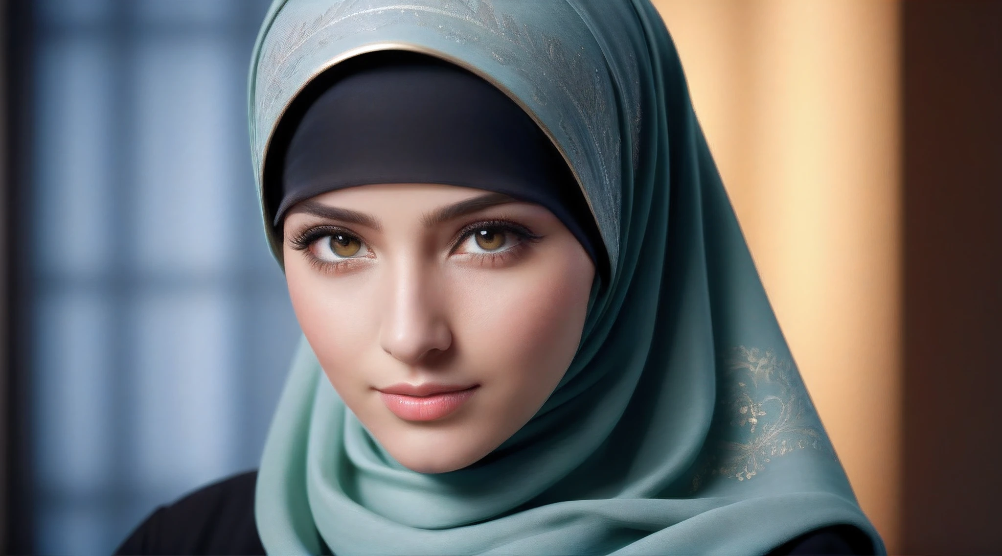 best quality, masterpiece, highres, (moslem female dress:1.4), necklace, Beautiful face, (upon body from head to waist:1.37), tyndall effect, photorealistic, dark studio, rim lighting, two tone lighting, 8k uhd, dslr, soft lighting, high quality, volumetric lighting, candid, Photograph, high resolution, 4k, 8k, Bokeh, (hyperrealistic girl), (illustration), (high resolution), (extremely detailed), (best illustration), (beautiful detailed eyes), (best quality), (ultra-detailed), (masterpiece), (wallpaper), (photorealistic), (natural light), (rim lighting), (detailed face), (high detailed realistic skin texture), (anatomically correct), (solo), (1 girl), (heterochromic eyes), (detailed eyes), (sparkling eyes), (long legs), (dynamic pose), (concentrated expression), (wearing hijab:1.4), (moslem headscarf:1.37), reading glasses.