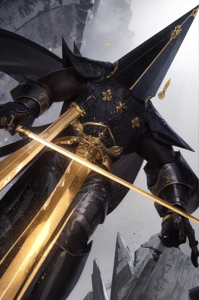 Long sword made of obsidian,Slender,Black and gold color scheme,The blade of the sword emits the light of fire,without humans,Only weapons and the environment,Add more fantasy colors,More magical,Elongated,long,Elongated,Has a hilt,Not a knife