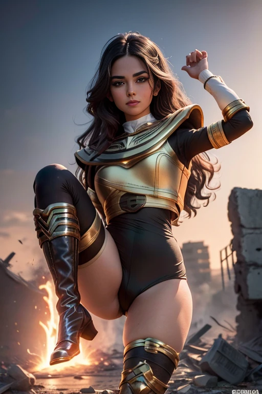 1mulher, Super Detalhe, best quality, alta resolução, luz reflexiva, Power Ranger,Ranger preto, uma , (cabelos pretos longos), seios grandes firmes, (Terno muito brilhante), ((Terno de fibra de nylon)), ((Destroyed Cities)), (blush vermelho), sorriso, seminua, pernas abertas, cintura fina, cabelo longos amarrado, short curto preto, black knee-high boots, black thigh-high pantyhose, coxas grossas, corpo perfeito, Athletic body, heroic pose